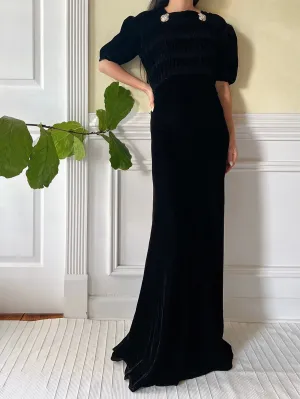 1930s Black Silk Velvet Gown - XS