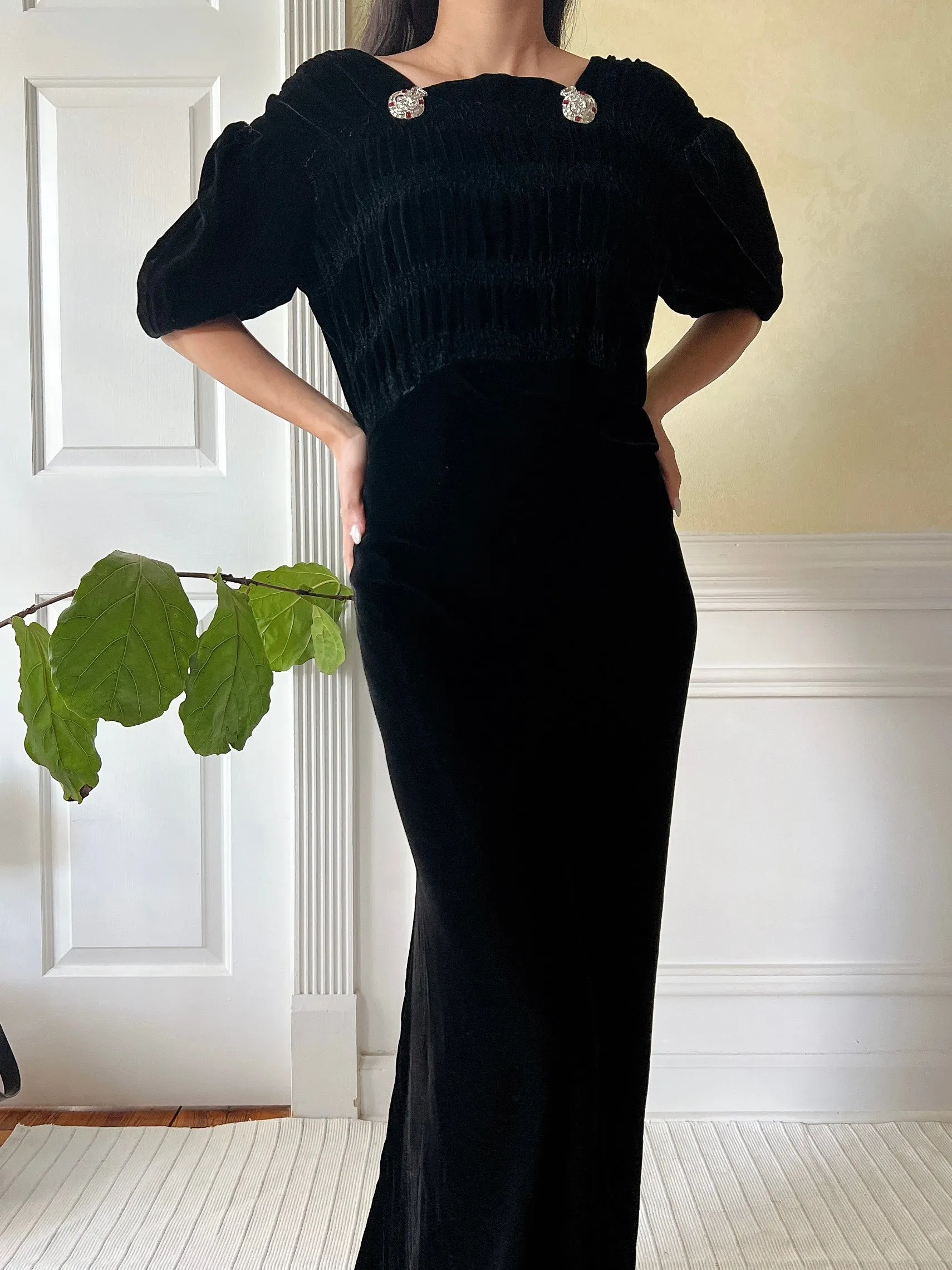 1930s Black Silk Velvet Gown - XS
