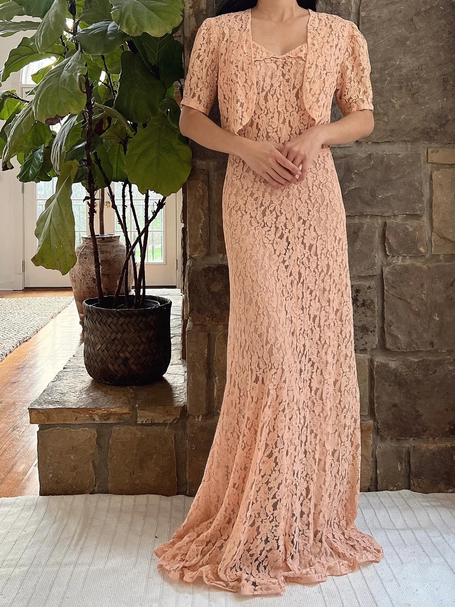1930s Dusty Pink Lace Gown with Jacket - S