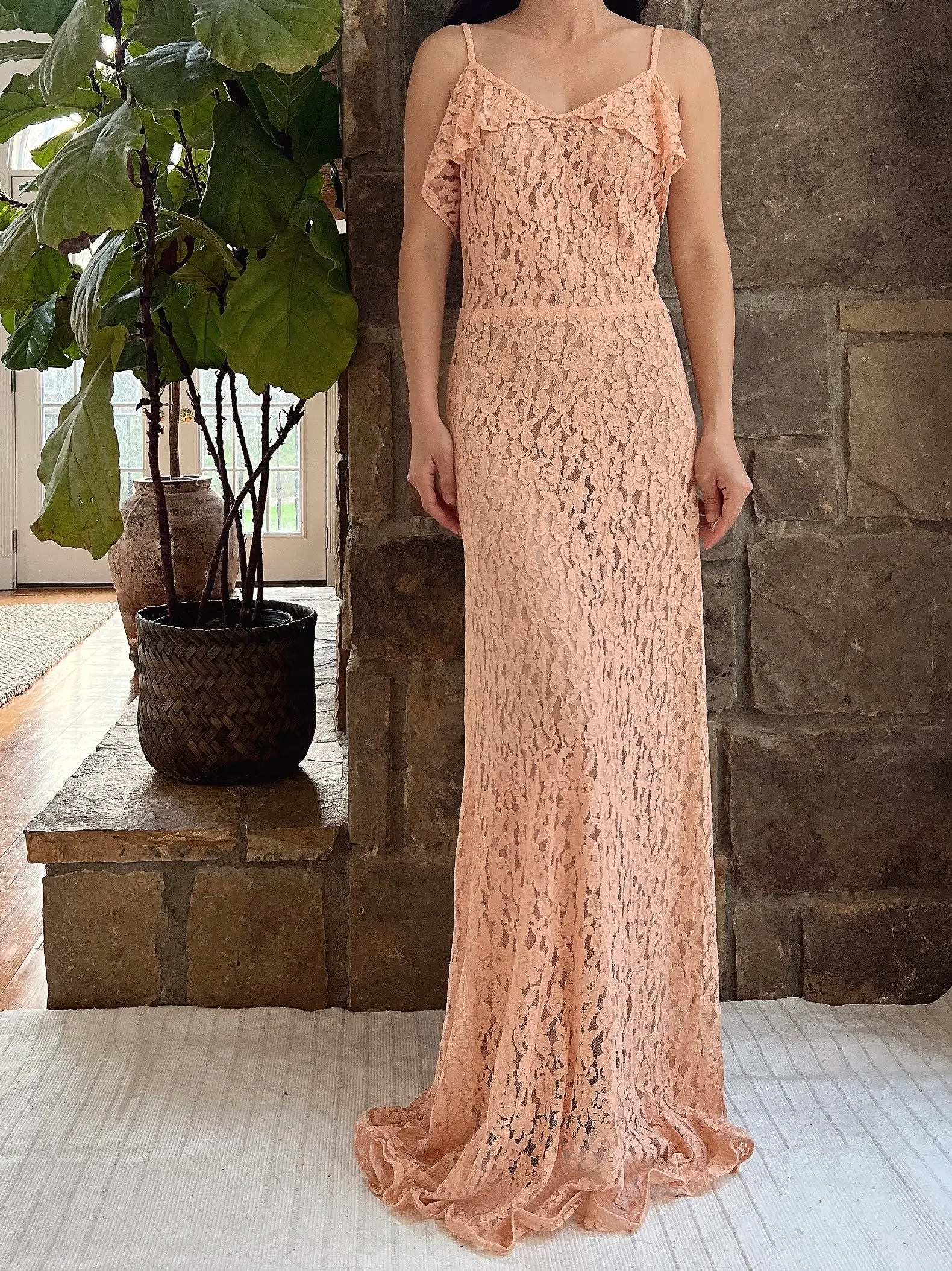 1930s Dusty Pink Lace Gown with Jacket - S