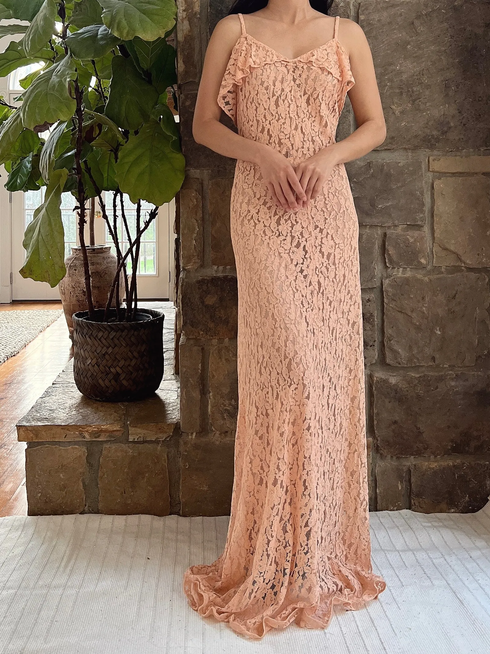 1930s Dusty Pink Lace Gown with Jacket - S