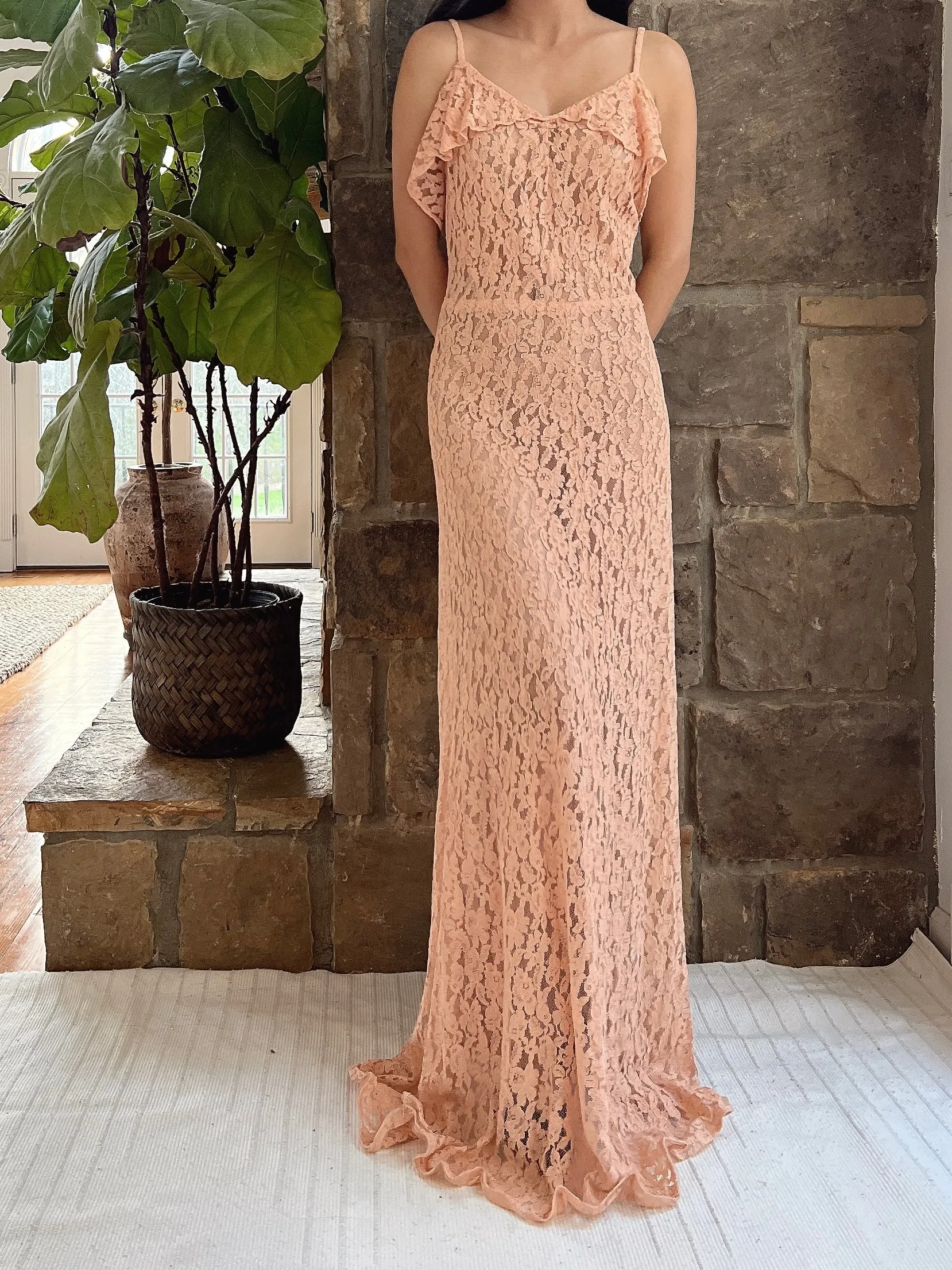 1930s Dusty Pink Lace Gown with Jacket - S