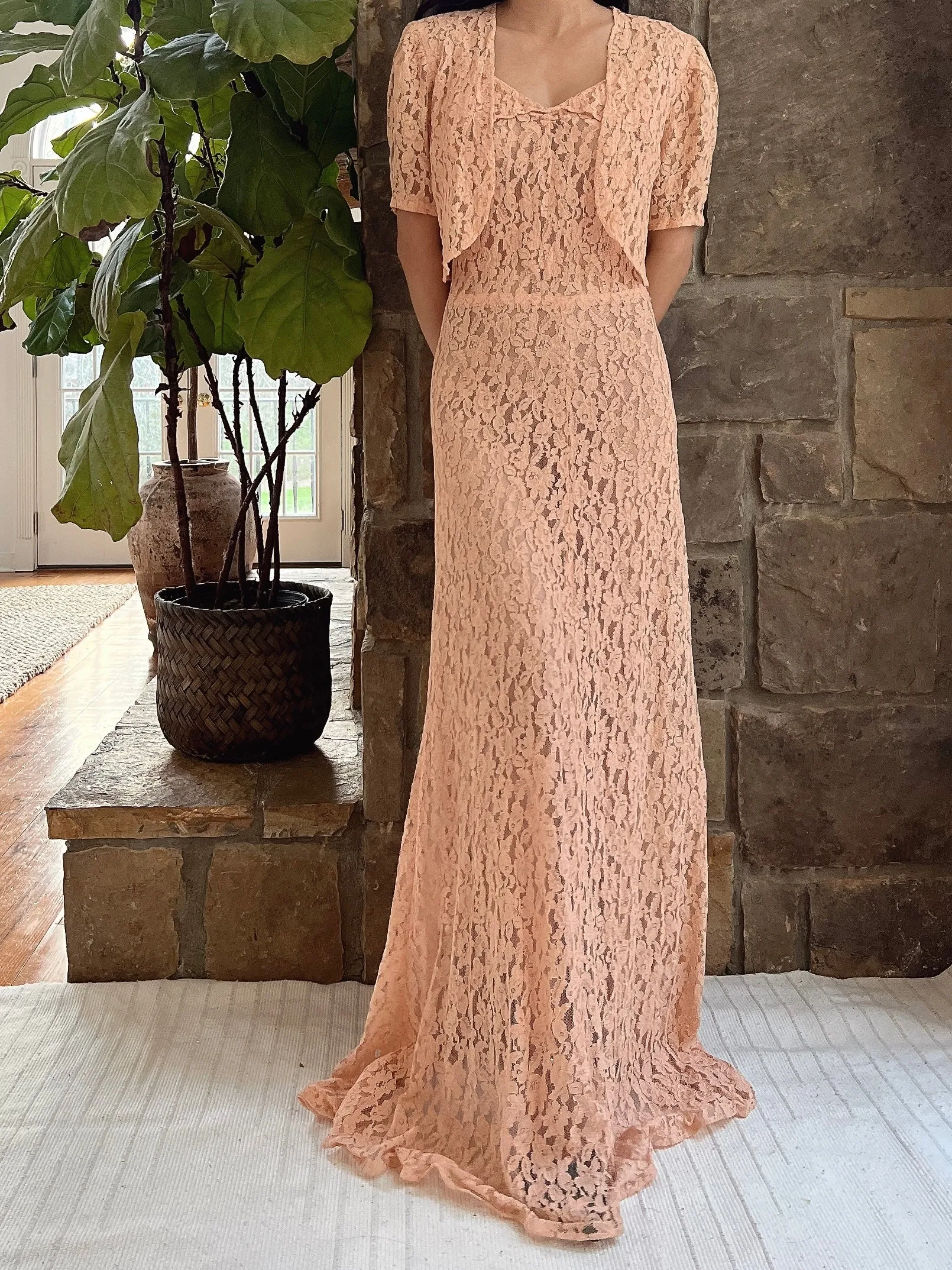 1930s Dusty Pink Lace Gown with Jacket - S