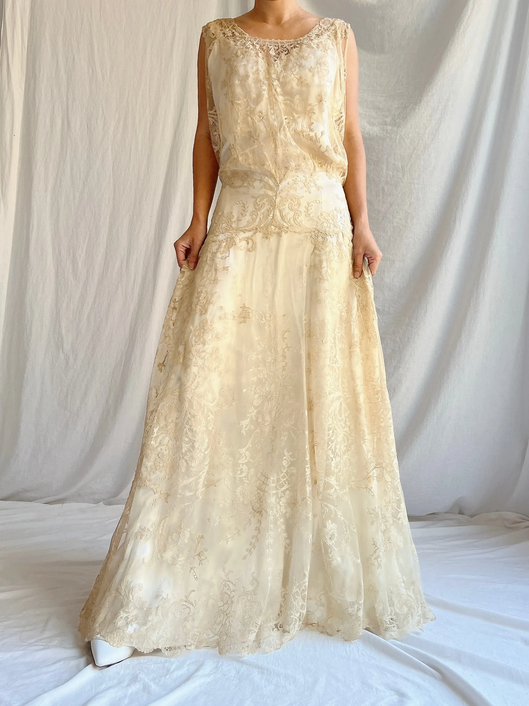 1930s Ecru Lace Gown with Slip - M