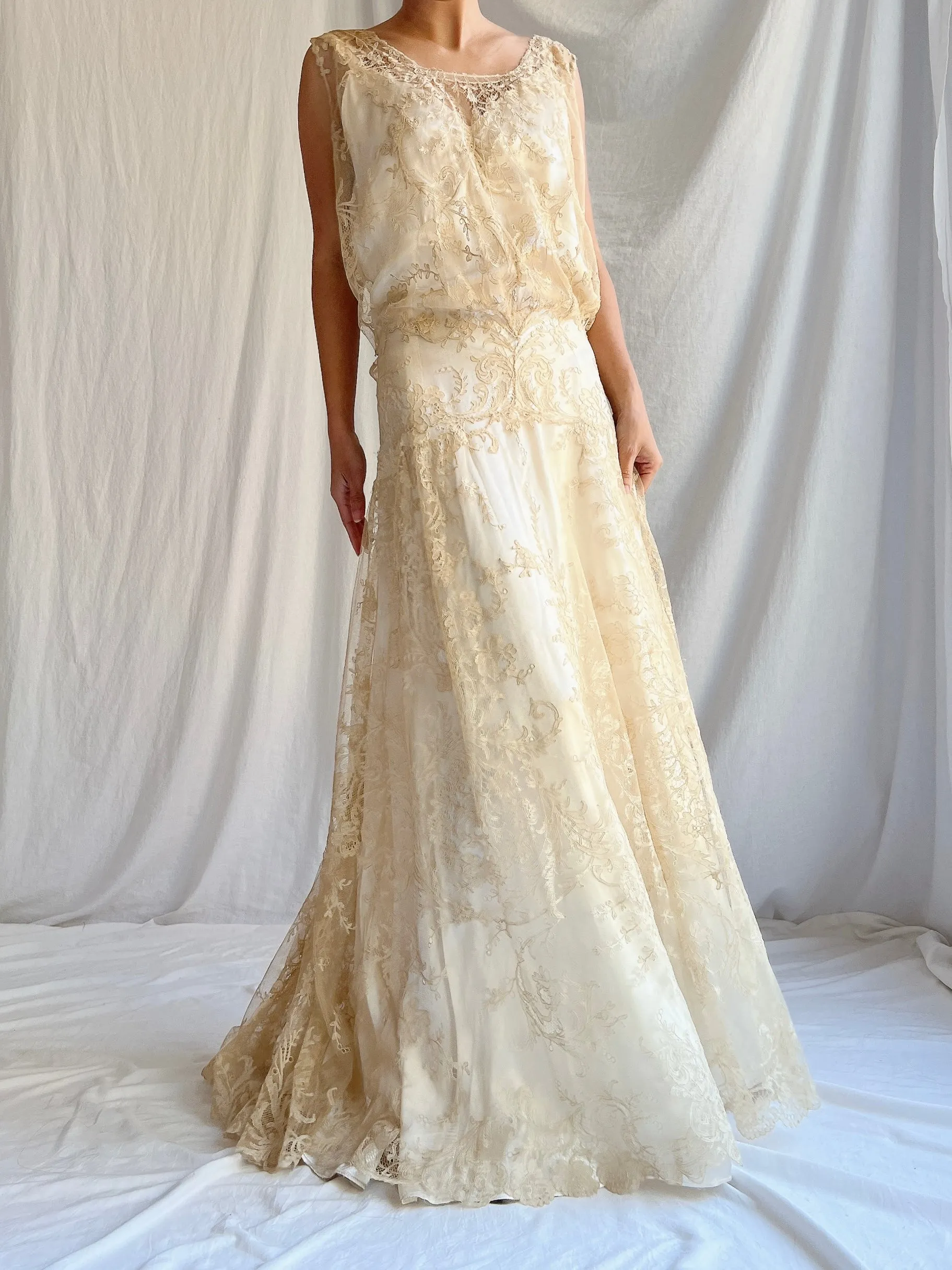 1930s Ecru Lace Gown with Slip - M