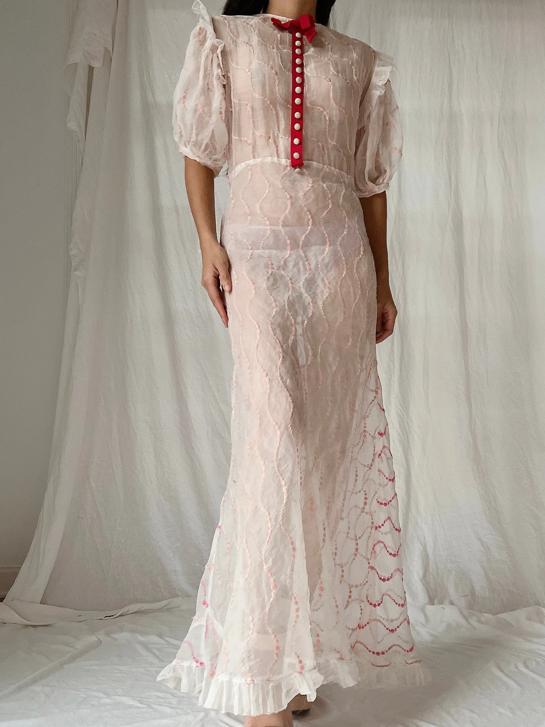 1930s Organdy Embroidered Dress - S