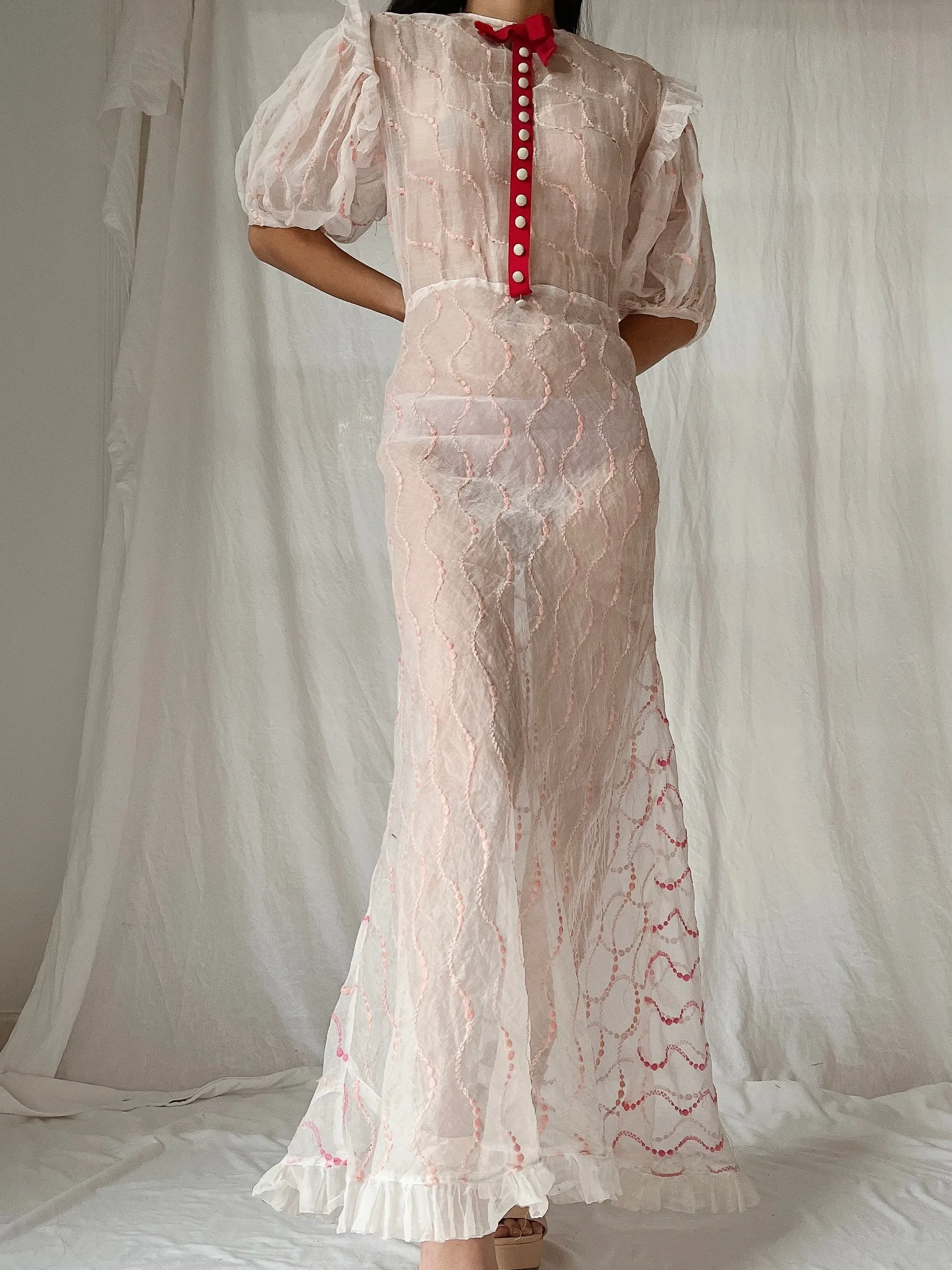 1930s Organdy Embroidered Dress - S