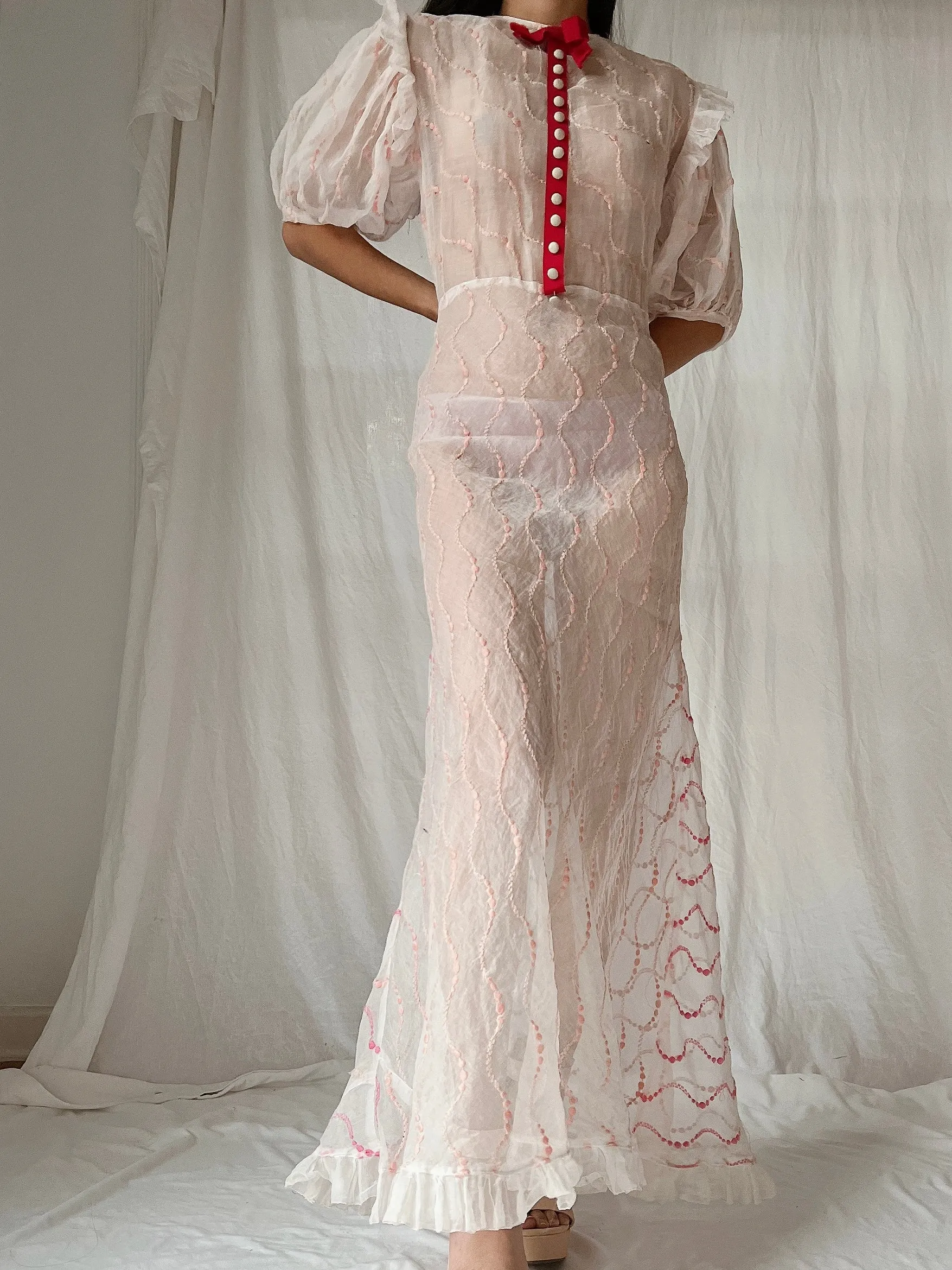1930s Organdy Embroidered Dress - S