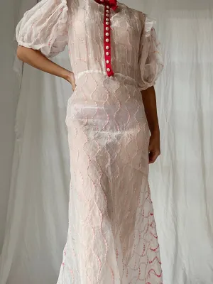 1930s Organdy Embroidered Dress - S