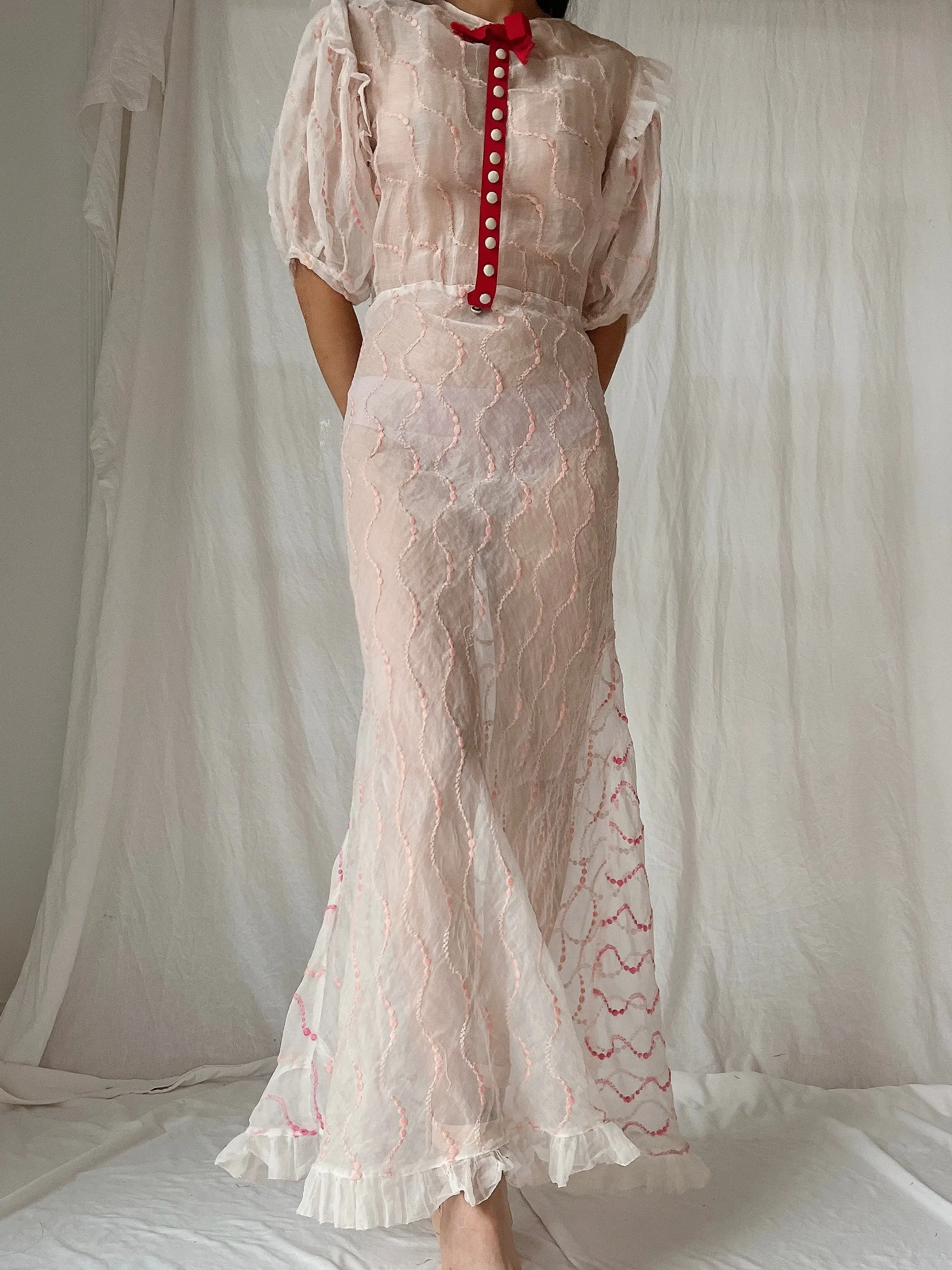 1930s Organdy Embroidered Dress - S