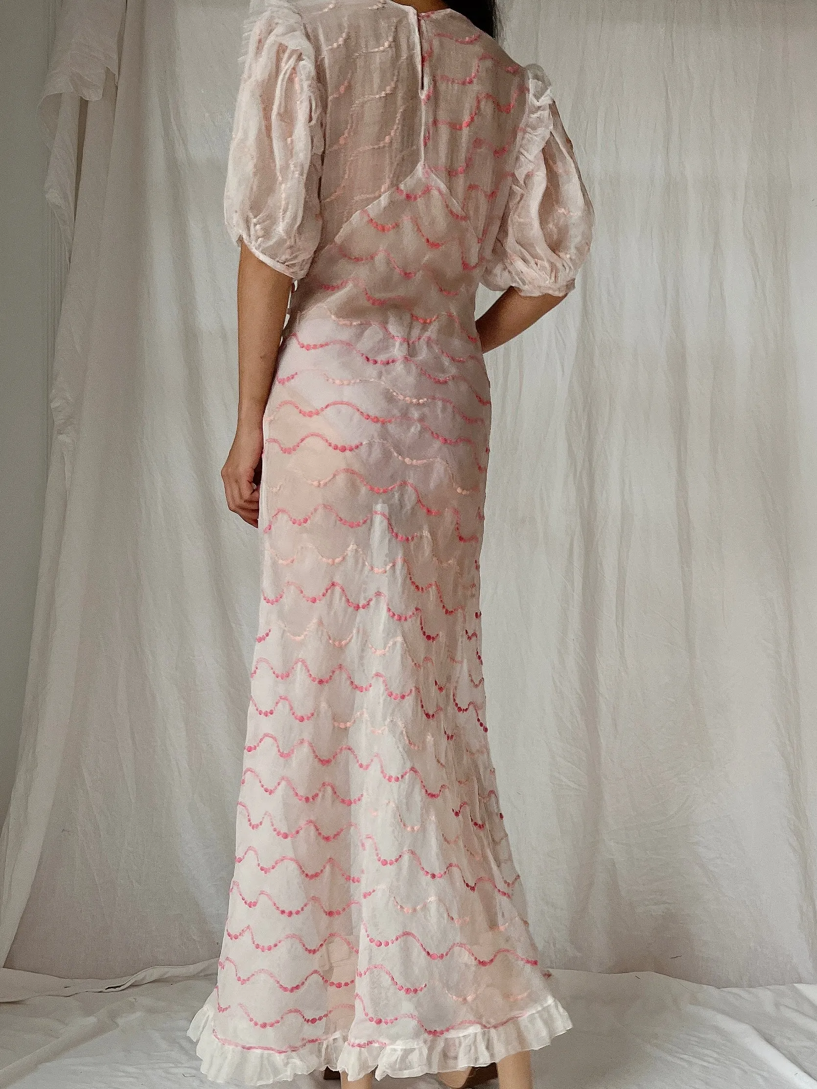 1930s Organdy Embroidered Dress - S