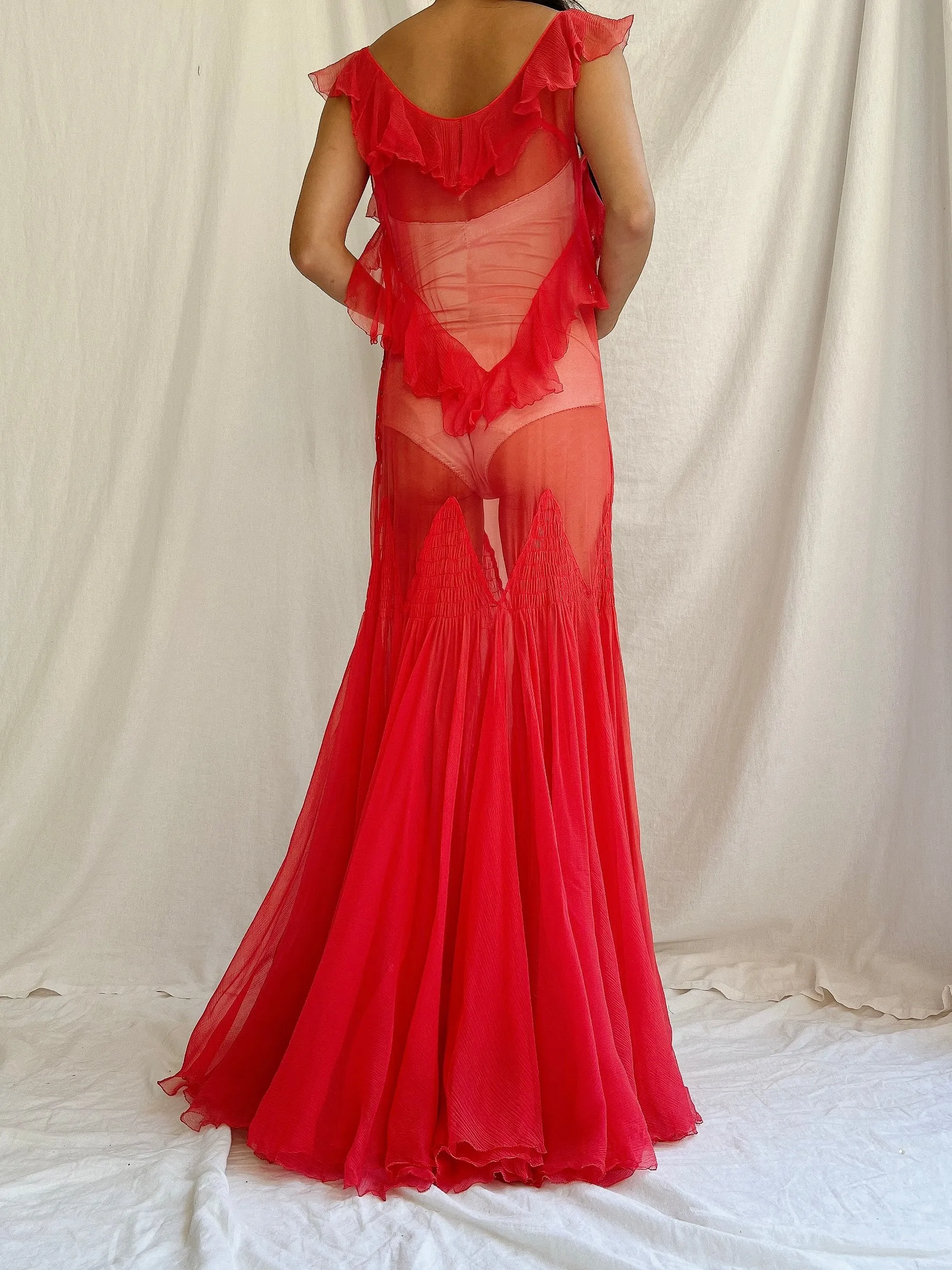 1930s Rose Red Sheer Silk Gown - XS