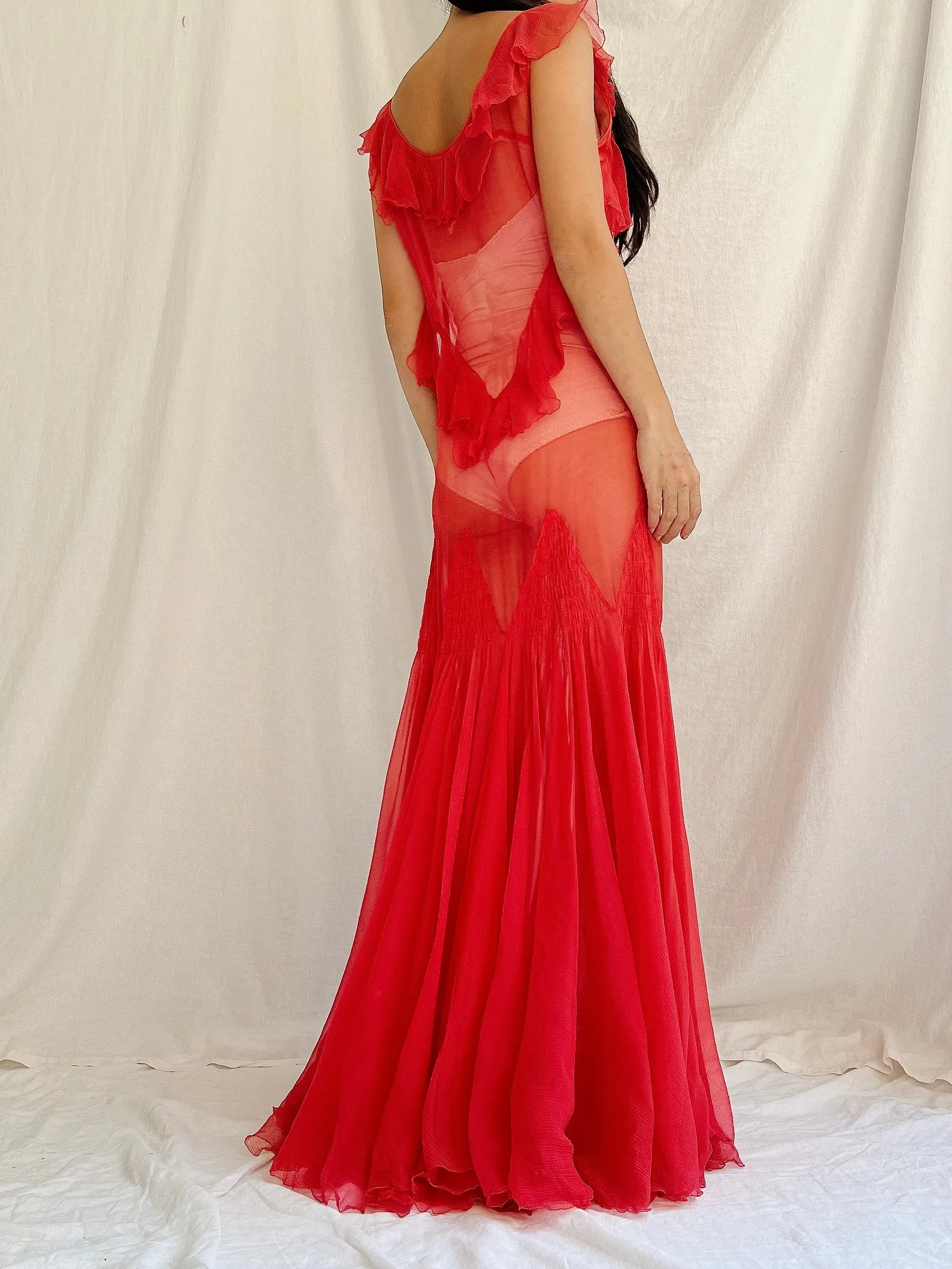1930s Rose Red Sheer Silk Gown - XS