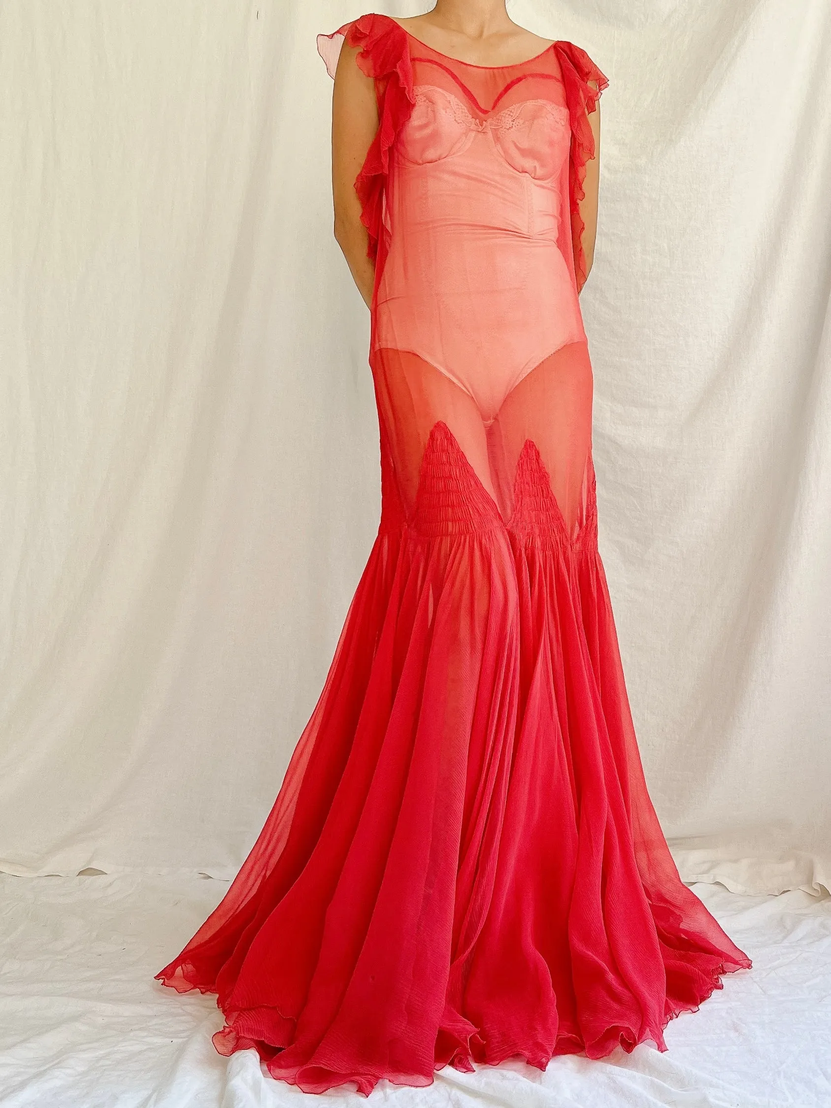 1930s Rose Red Sheer Silk Gown - XS