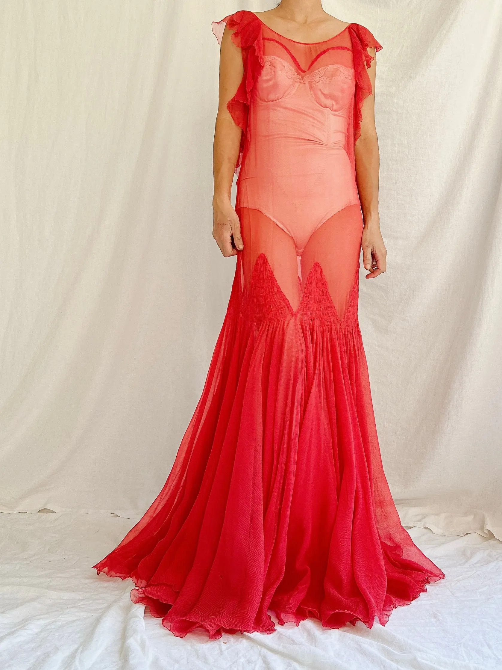 1930s Rose Red Sheer Silk Gown - XS