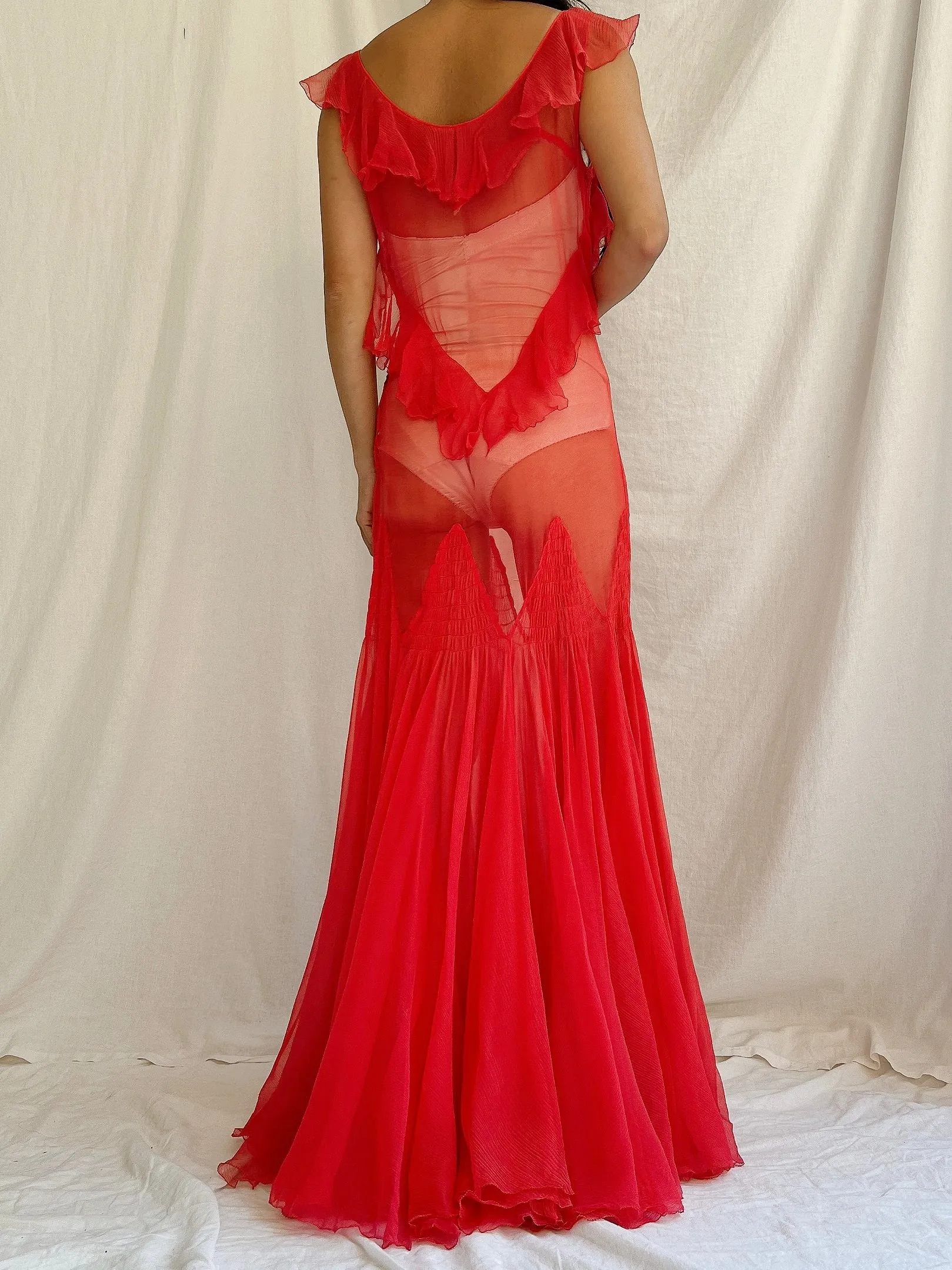 1930s Rose Red Sheer Silk Gown - XS