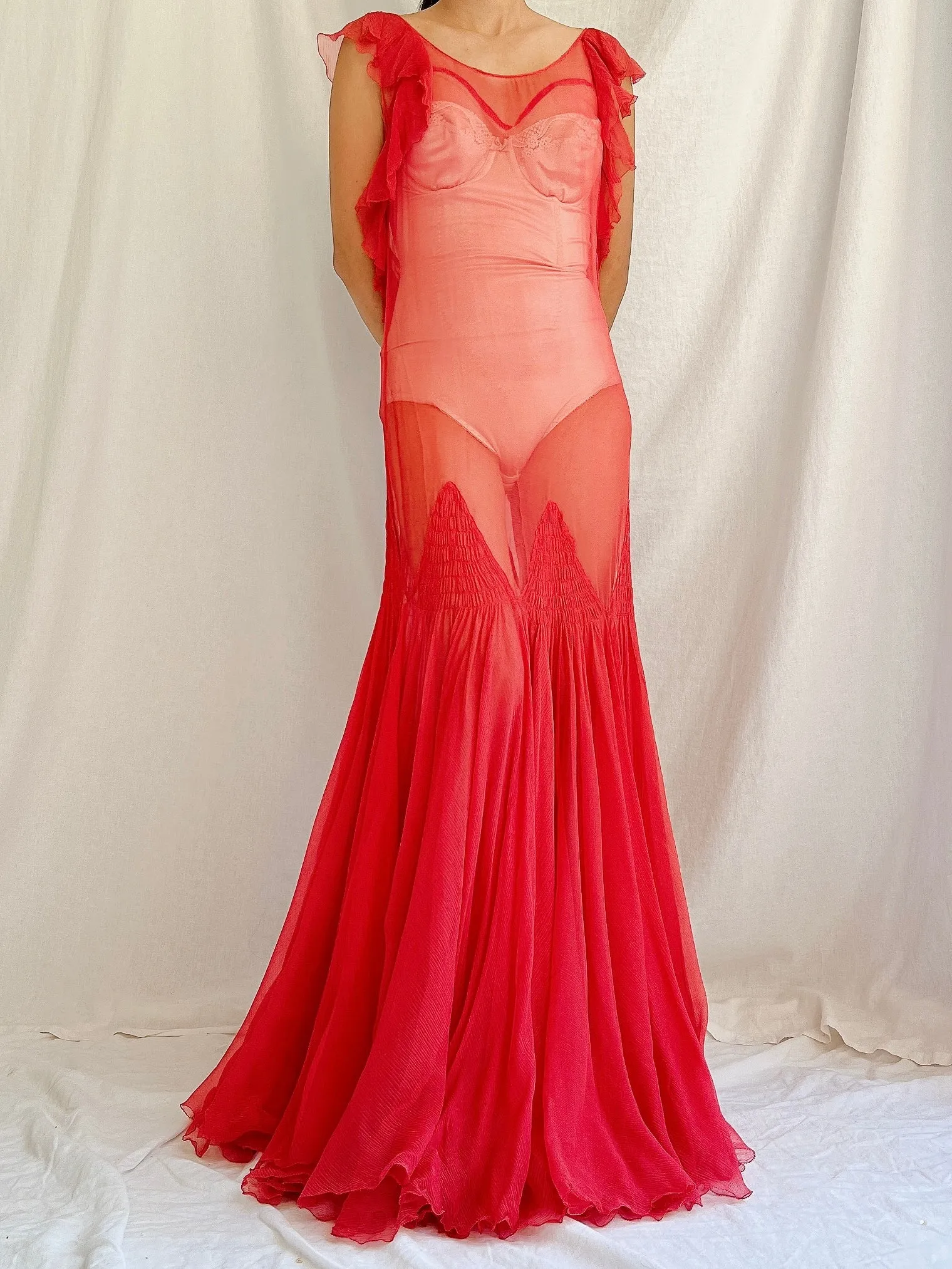 1930s Rose Red Sheer Silk Gown - XS