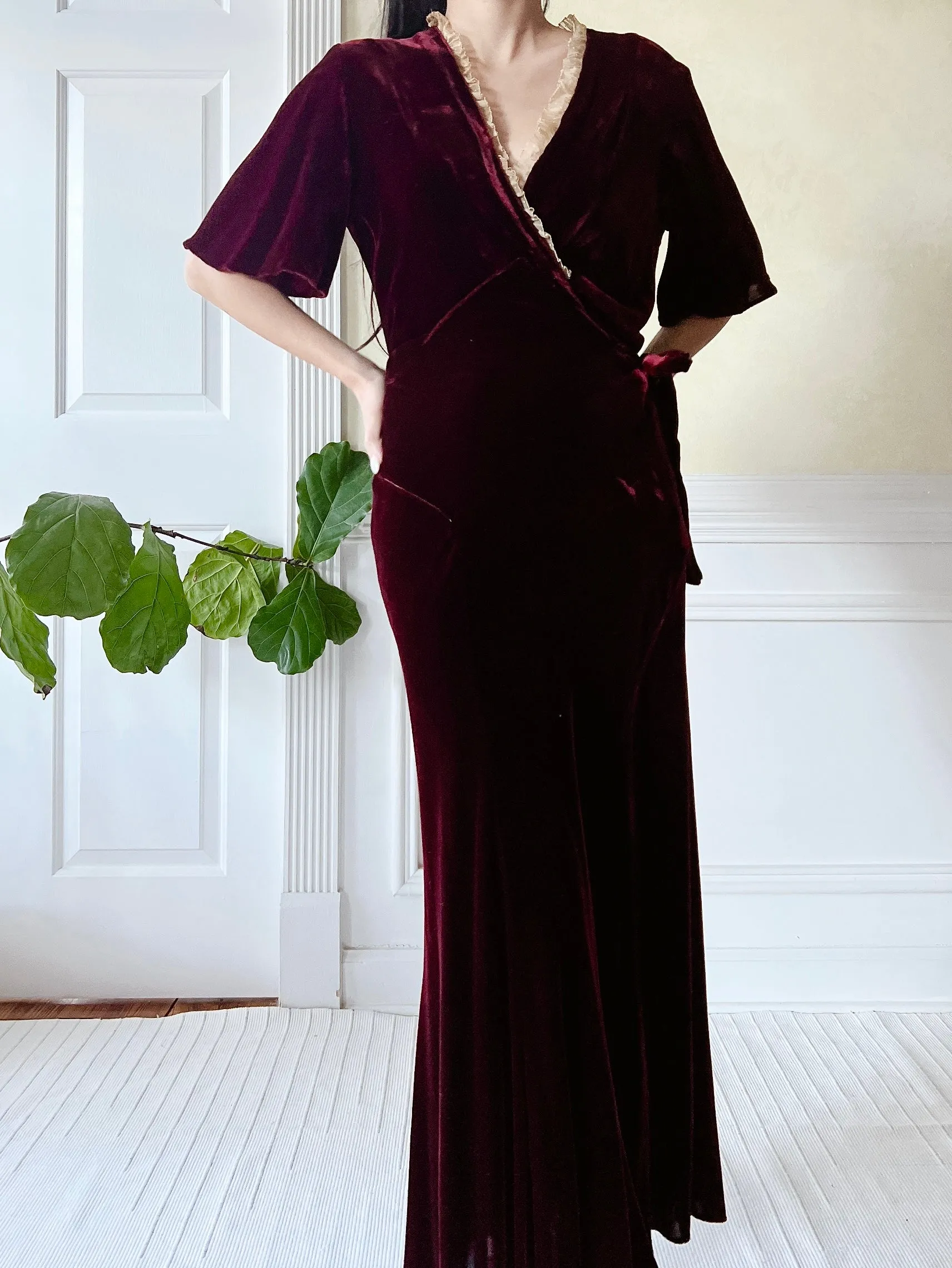 1930s Ruby Silk Velvet Dress - S