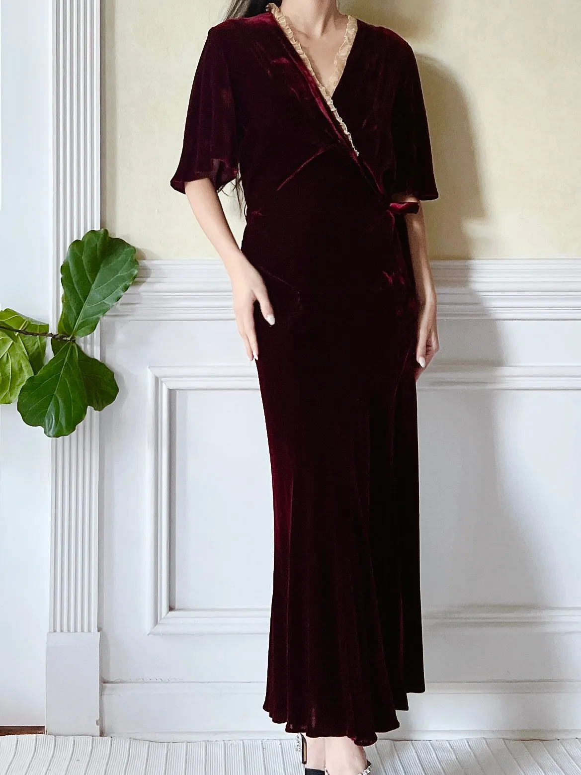 1930s Ruby Silk Velvet Dress - S