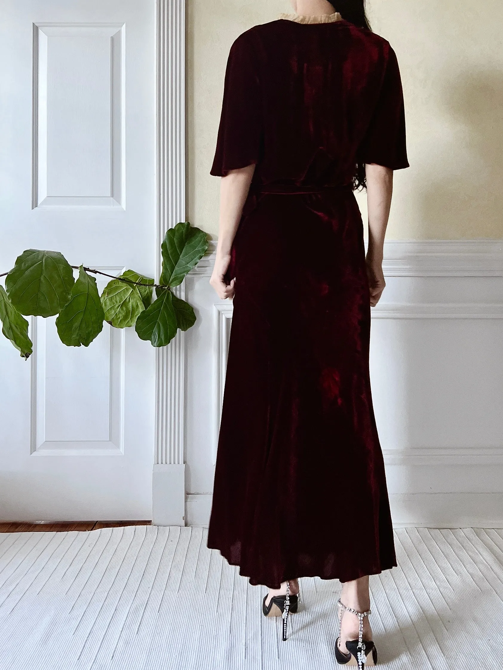 1930s Ruby Silk Velvet Dress - S