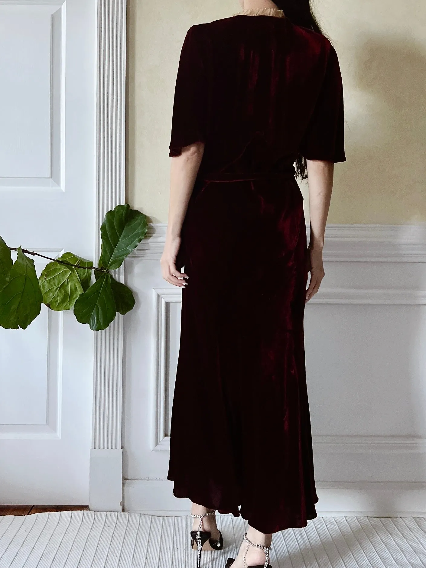 1930s Ruby Silk Velvet Dress - S