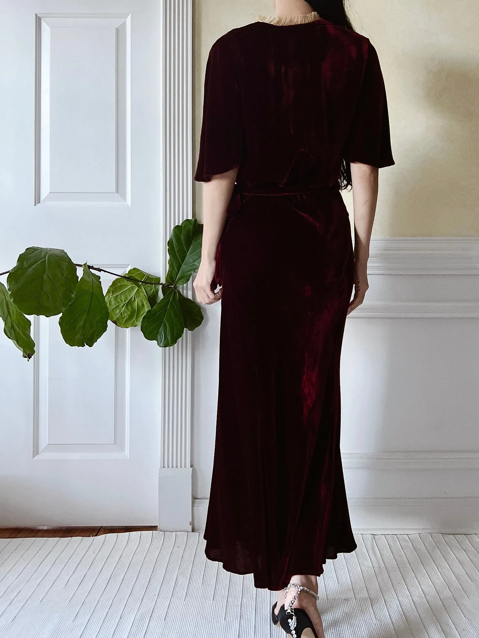 1930s Ruby Silk Velvet Dress - S