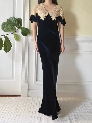 1930s Sapphire Silk Velvet Dress - XS