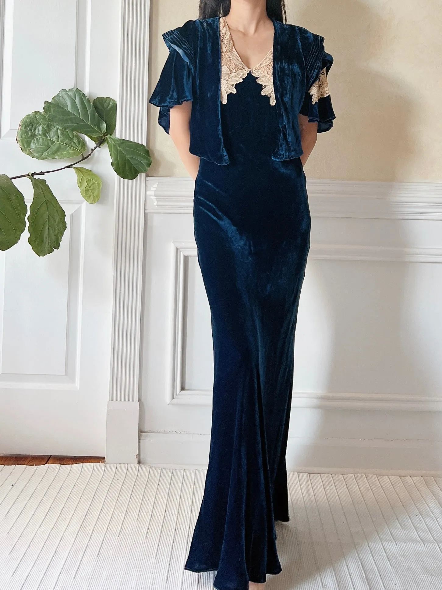1930s Sapphire Silk Velvet Dress - XS