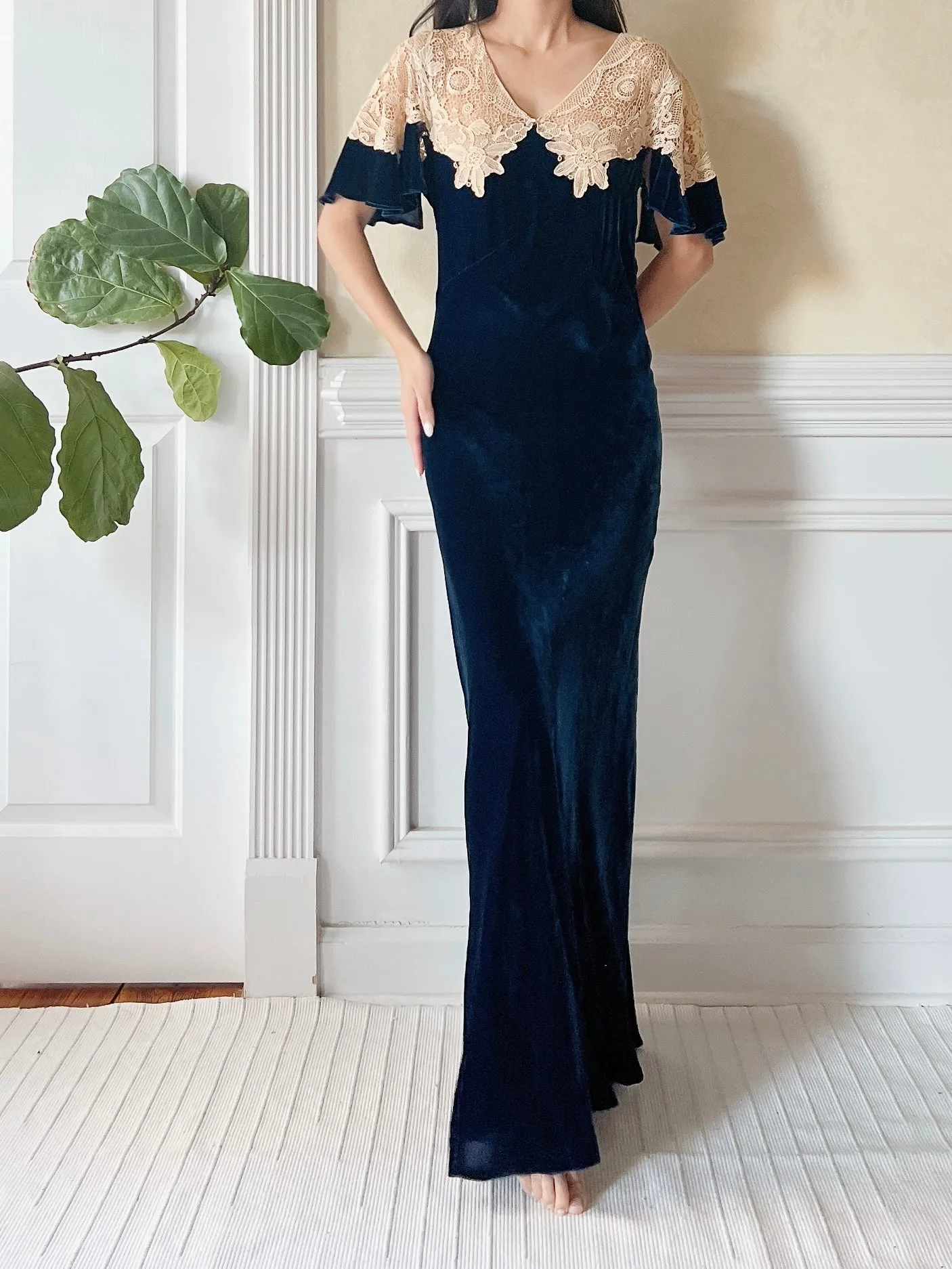 1930s Sapphire Silk Velvet Dress - XS