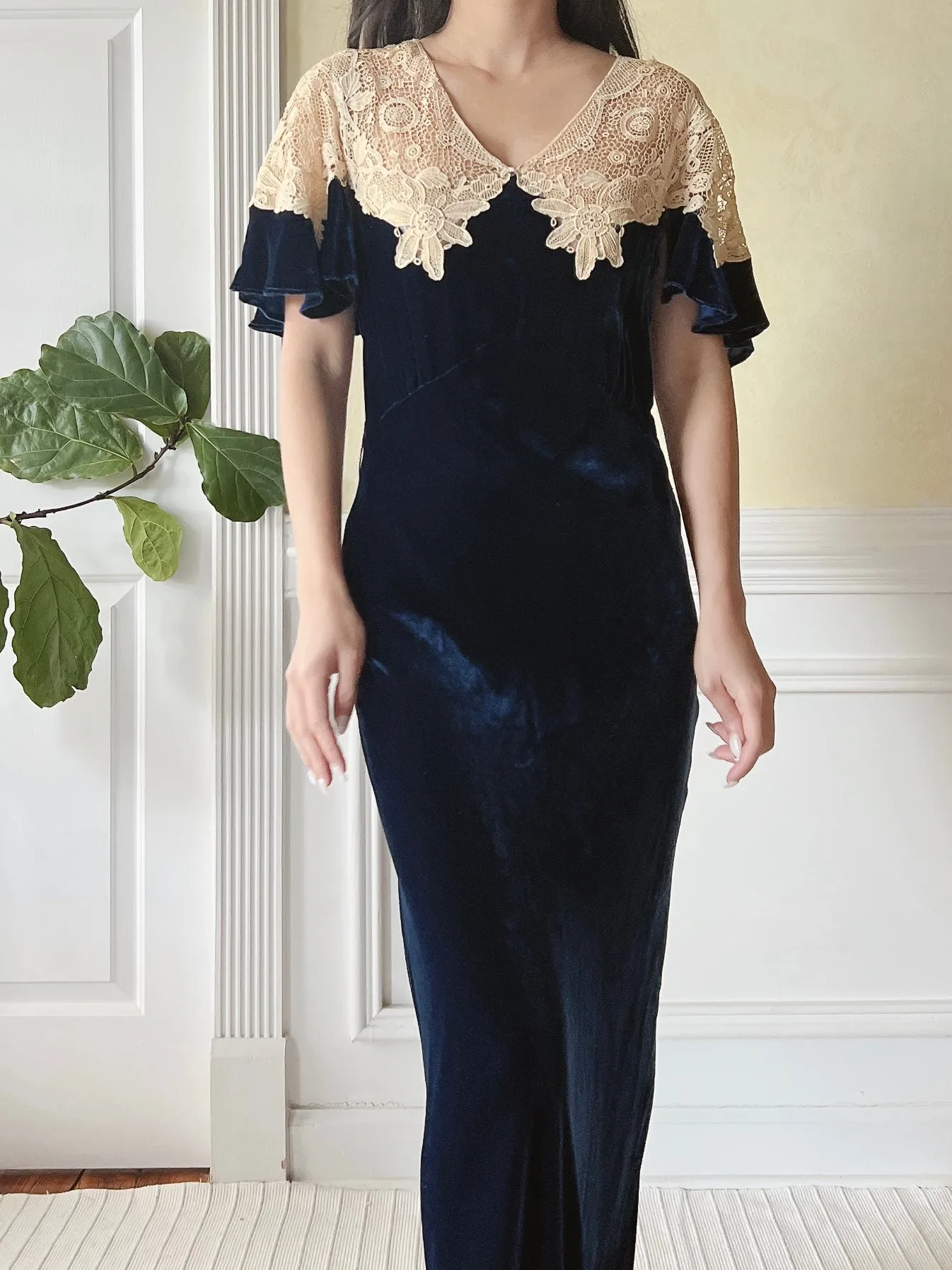 1930s Sapphire Silk Velvet Dress - XS