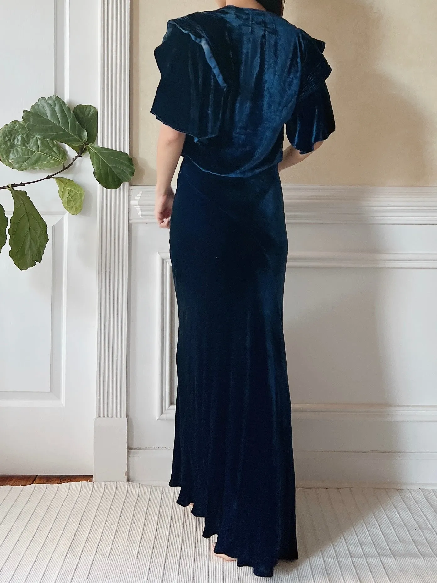 1930s Sapphire Silk Velvet Dress - XS
