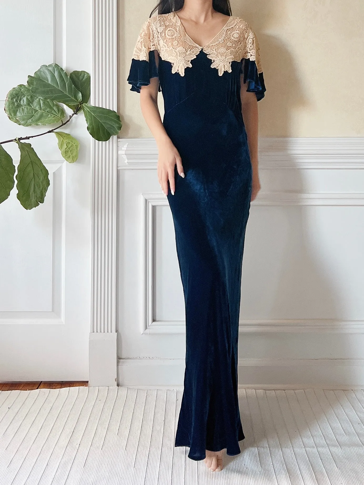 1930s Sapphire Silk Velvet Dress - XS