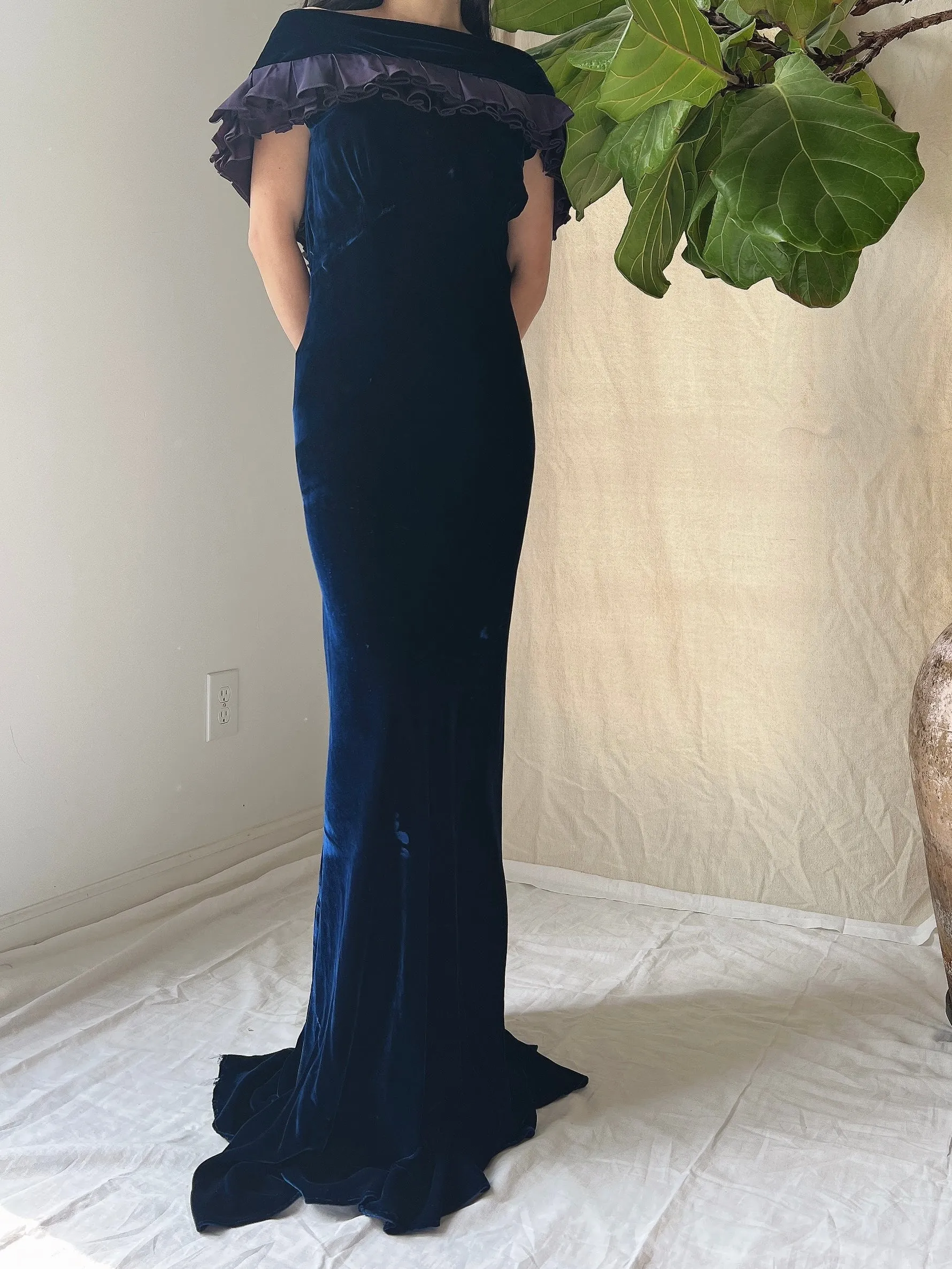 1930s Sapphire Silk Velvet Gown - S/M