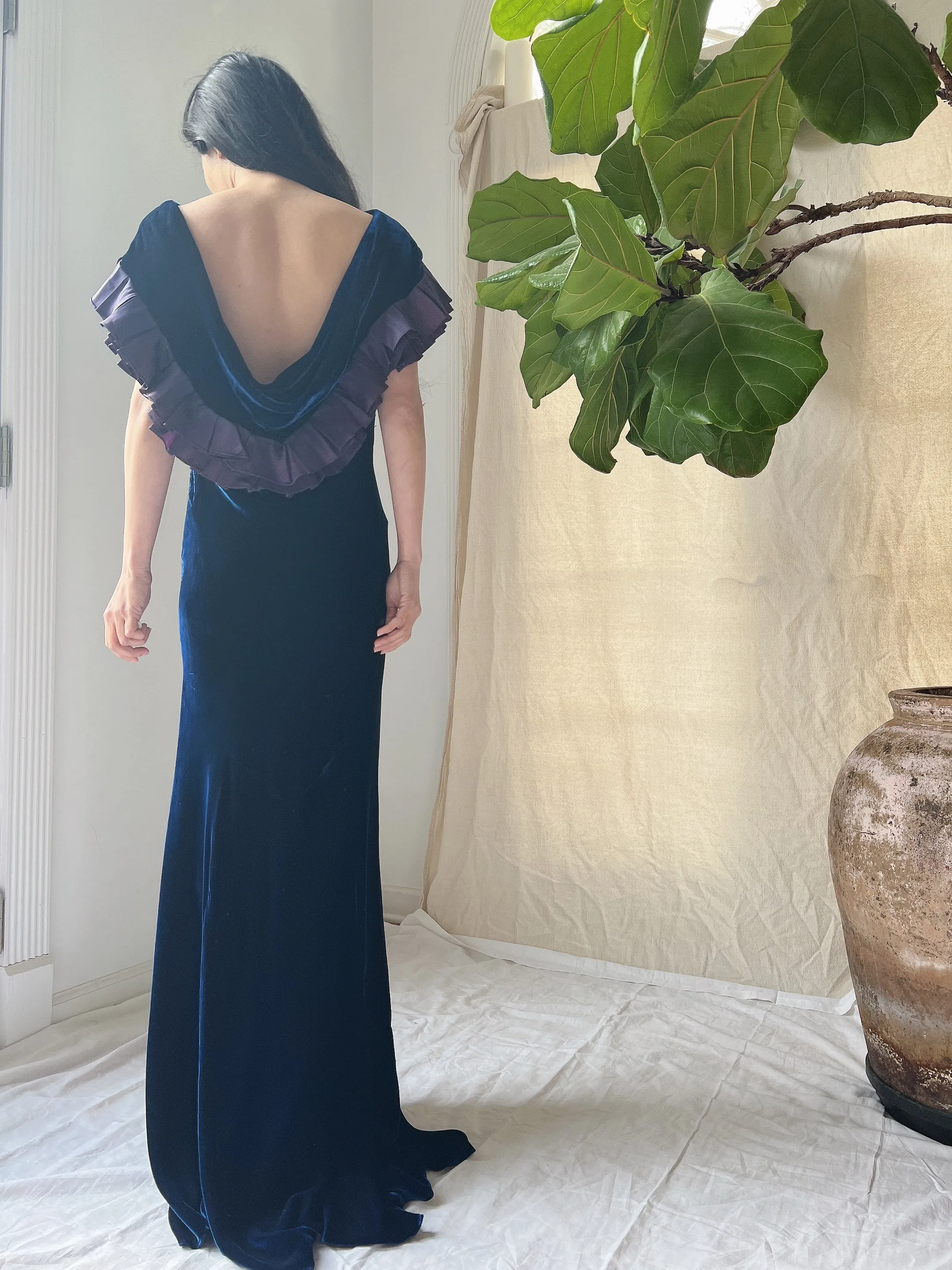 1930s Sapphire Silk Velvet Gown - S/M
