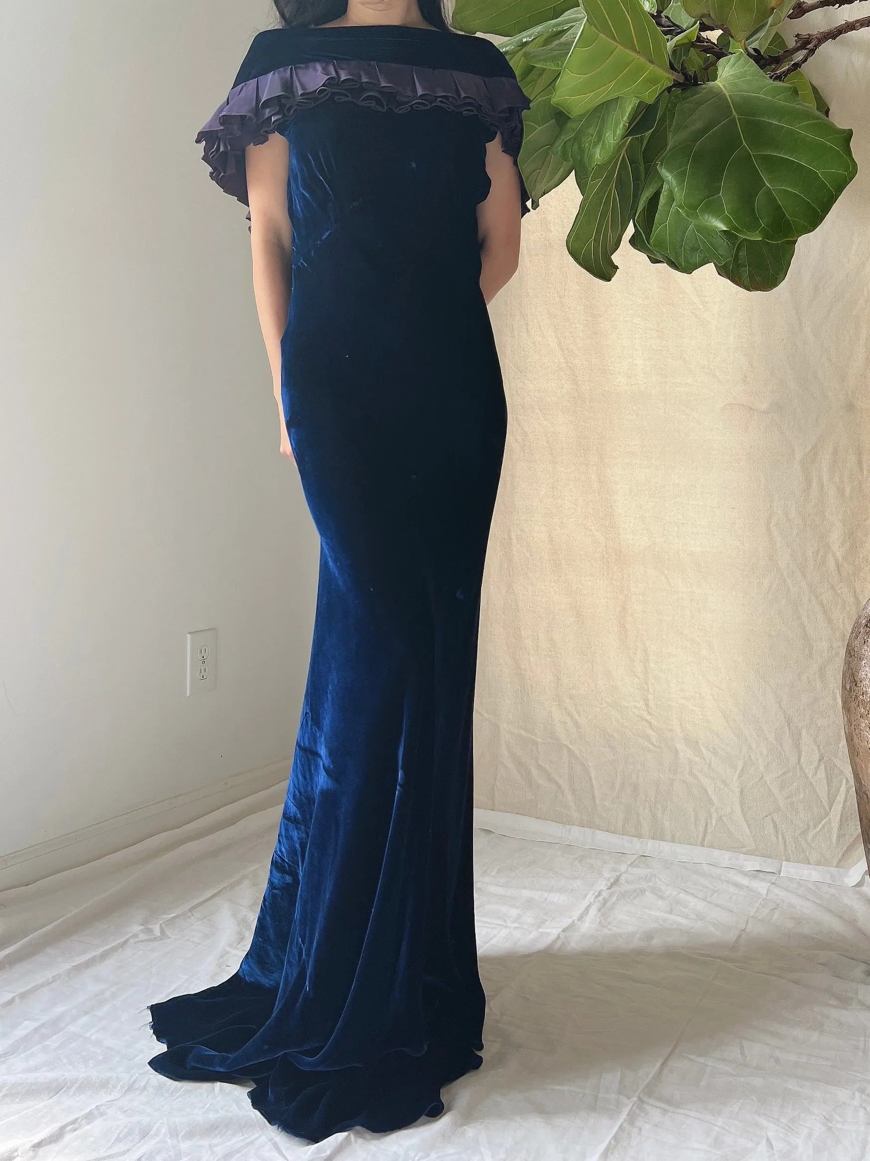 1930s Sapphire Silk Velvet Gown - S/M