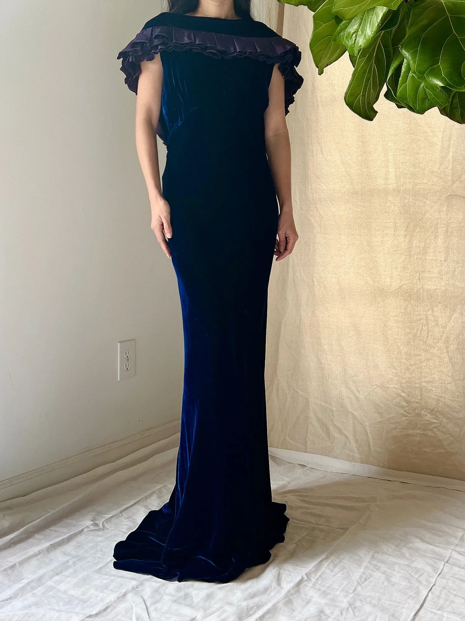 1930s Sapphire Silk Velvet Gown - S/M