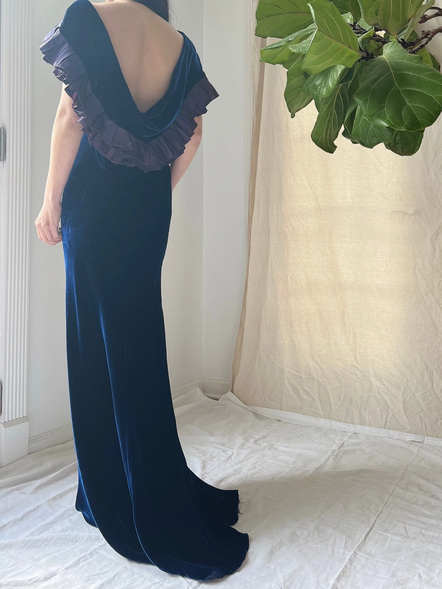 1930s Sapphire Silk Velvet Gown - S/M