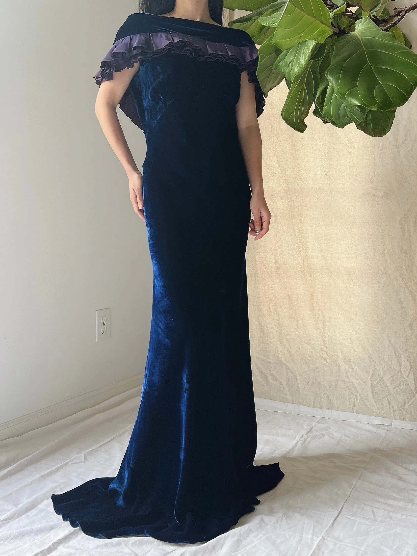 1930s Sapphire Silk Velvet Gown - S/M