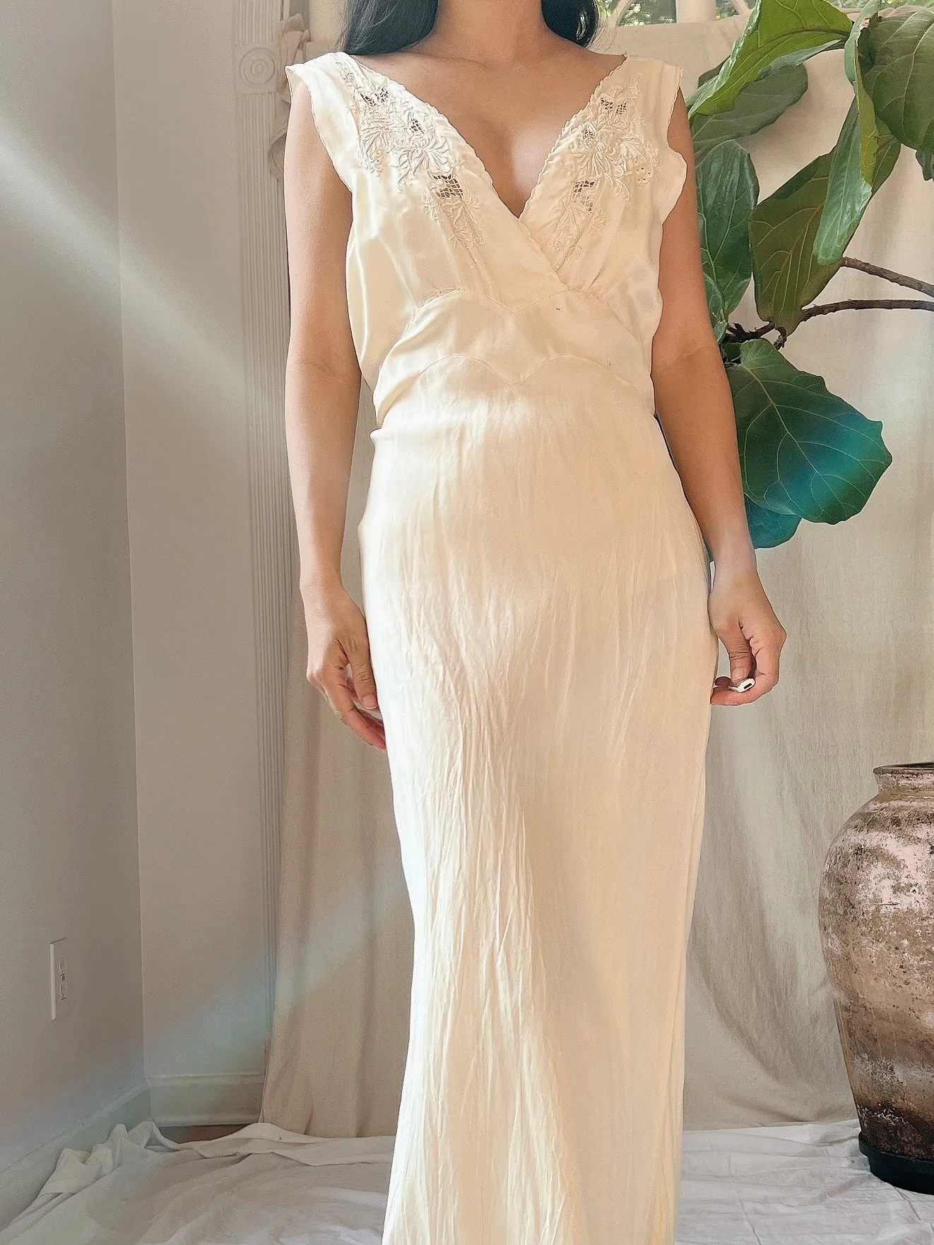 1930s Silk Embroidered Bias Cut Gown - S