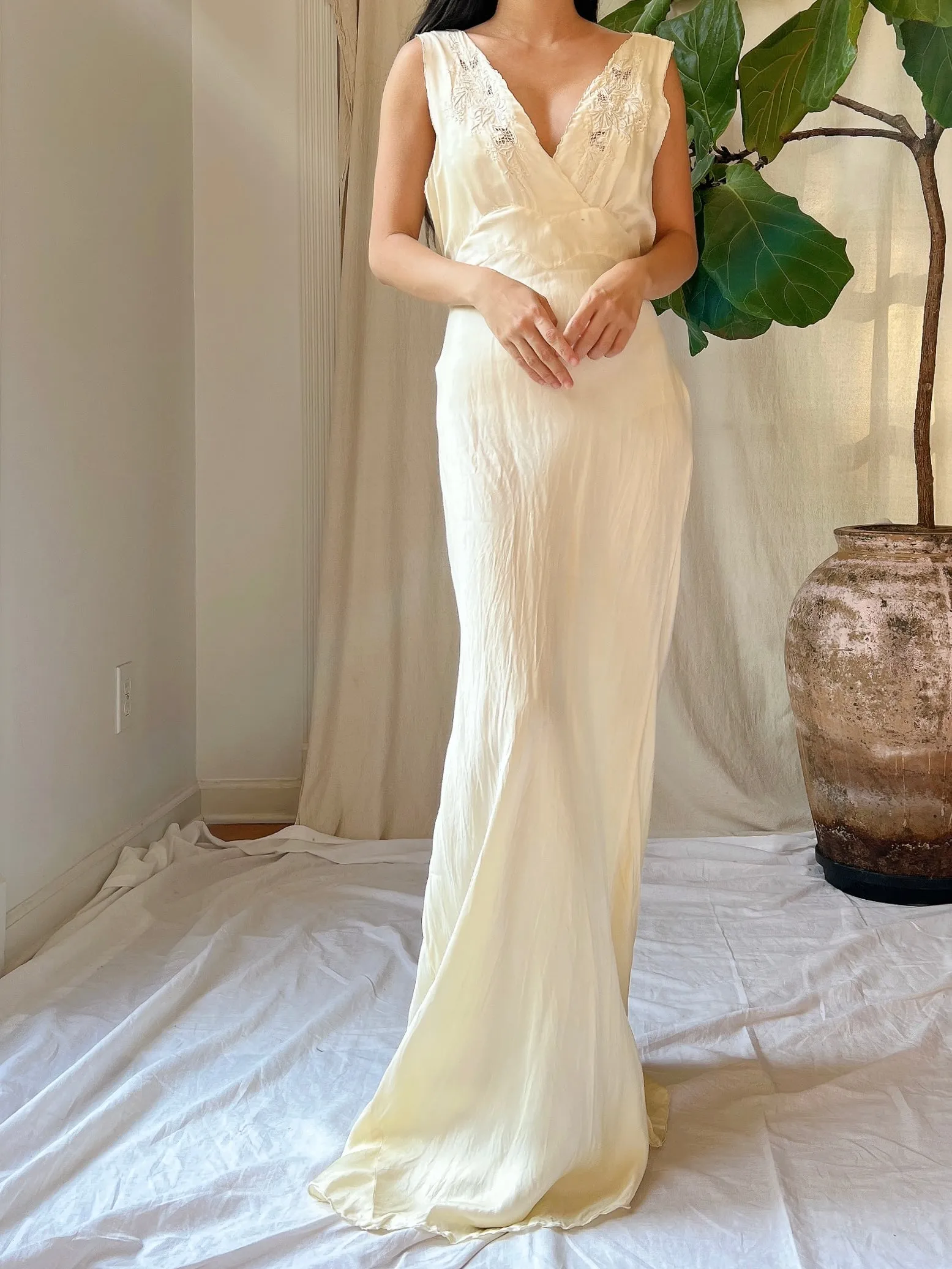 1930s Silk Embroidered Bias Cut Gown - S