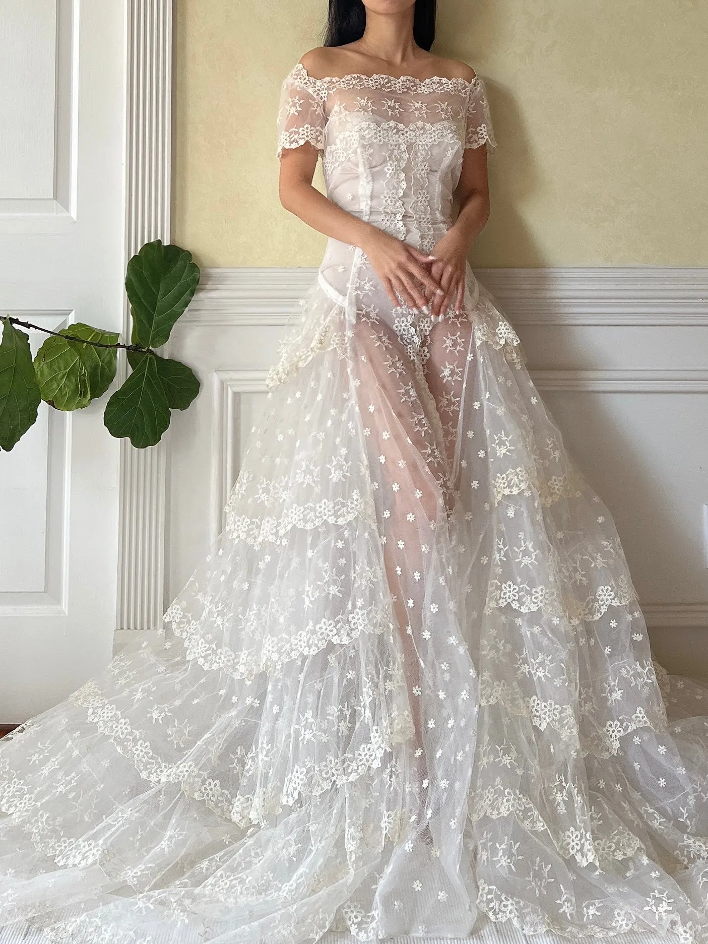 1950s Embroidered Tiered Tulle Gown - M
