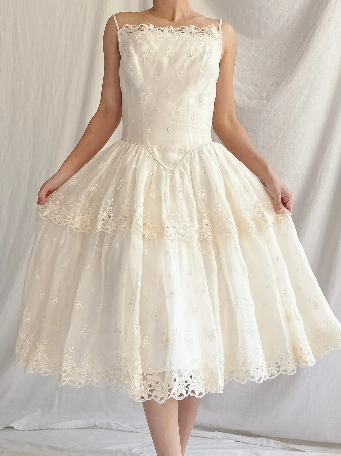 1950s Organza Embroidered Dress - XS