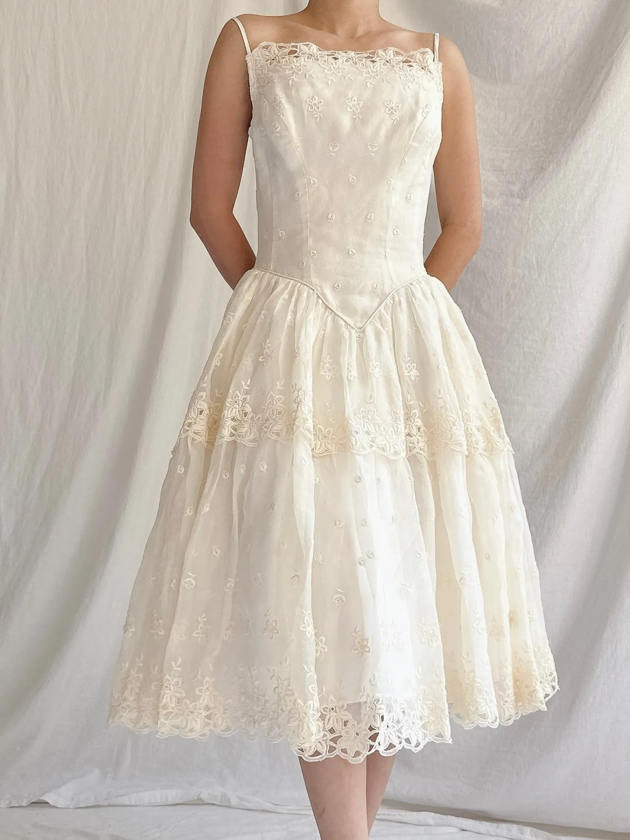 1950s Organza Embroidered Dress - XS