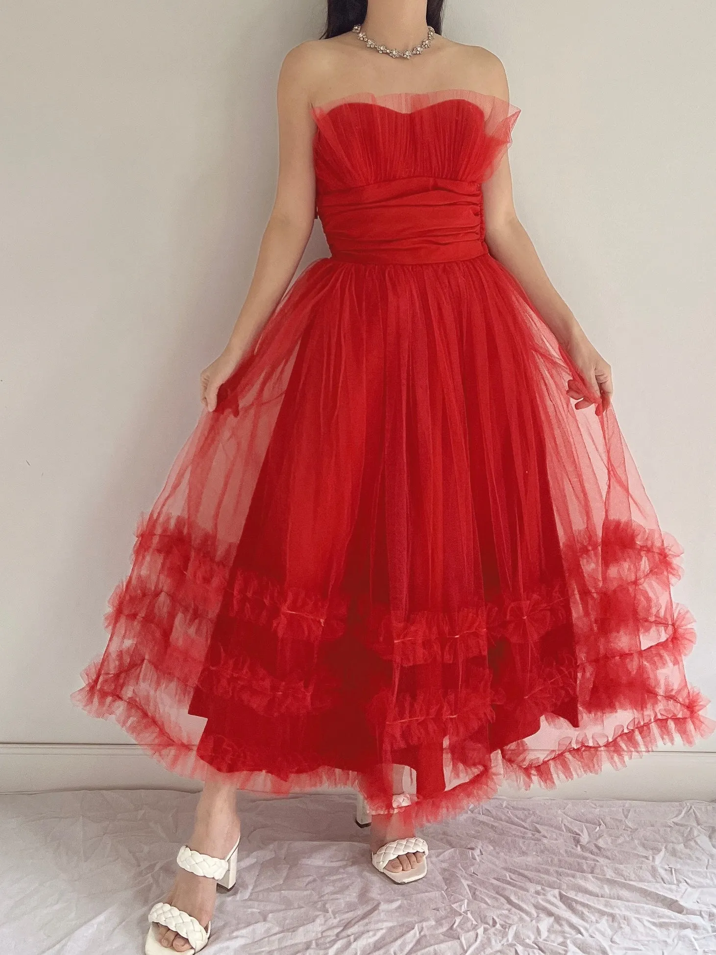 1950s Red Tulle Dress - XS