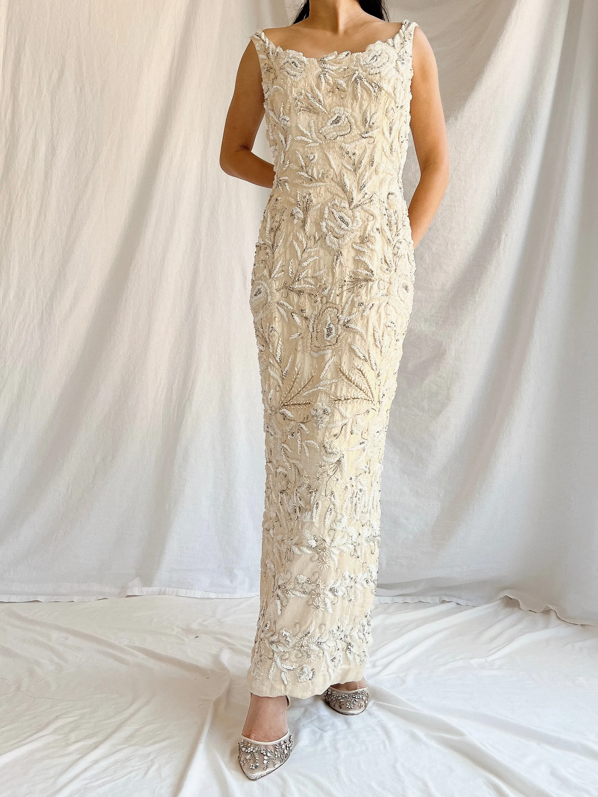 1960s Hand Beaded Ivory Dress - S/M