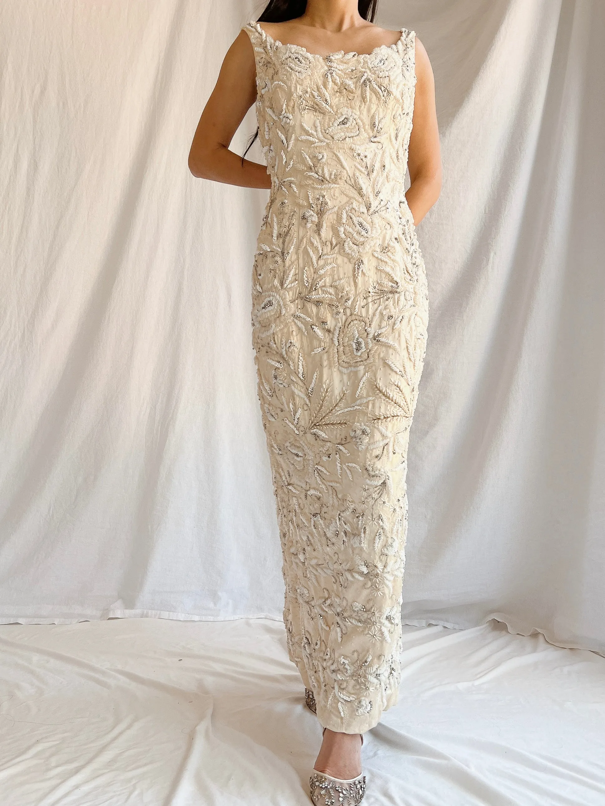 1960s Hand Beaded Ivory Dress - S/M