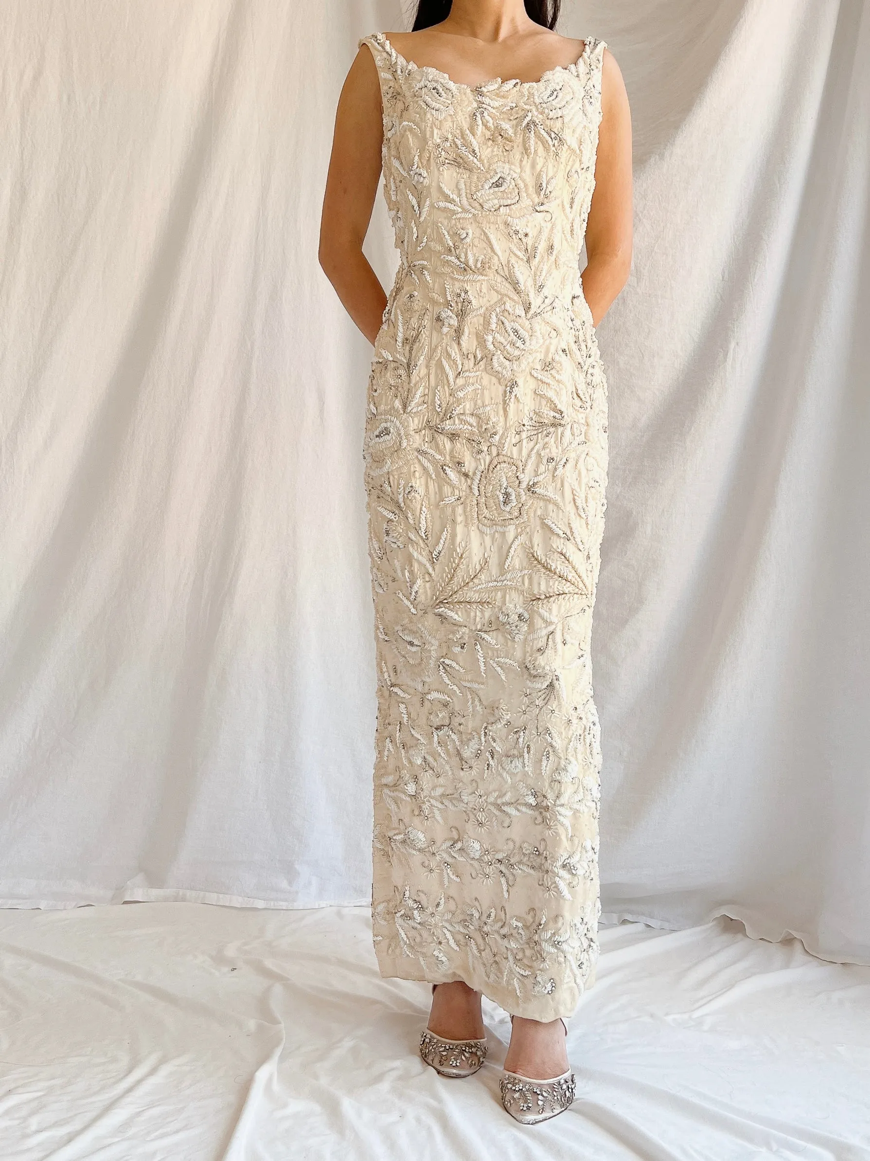 1960s Hand Beaded Ivory Dress - S/M