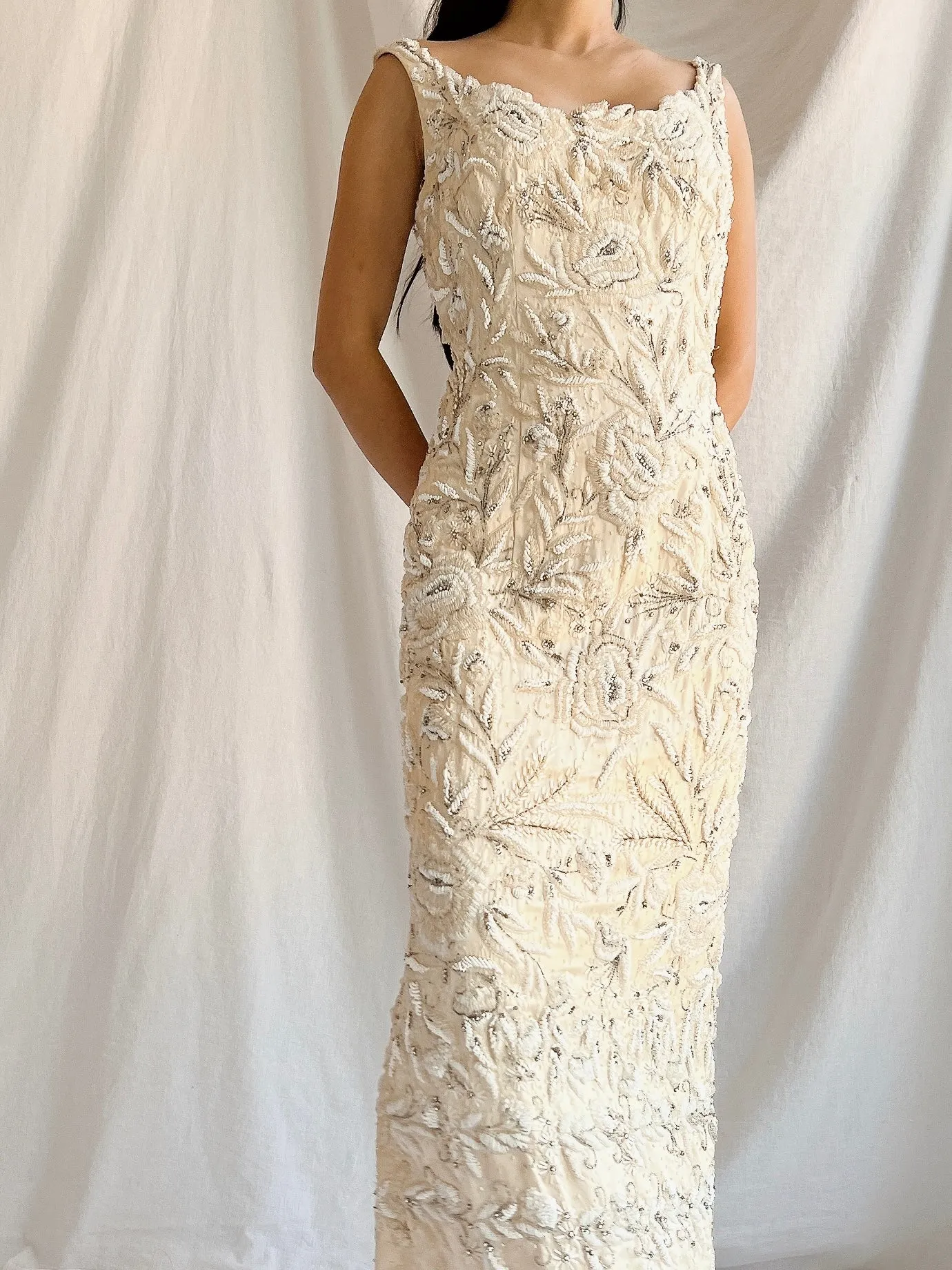 1960s Hand Beaded Ivory Dress - S/M