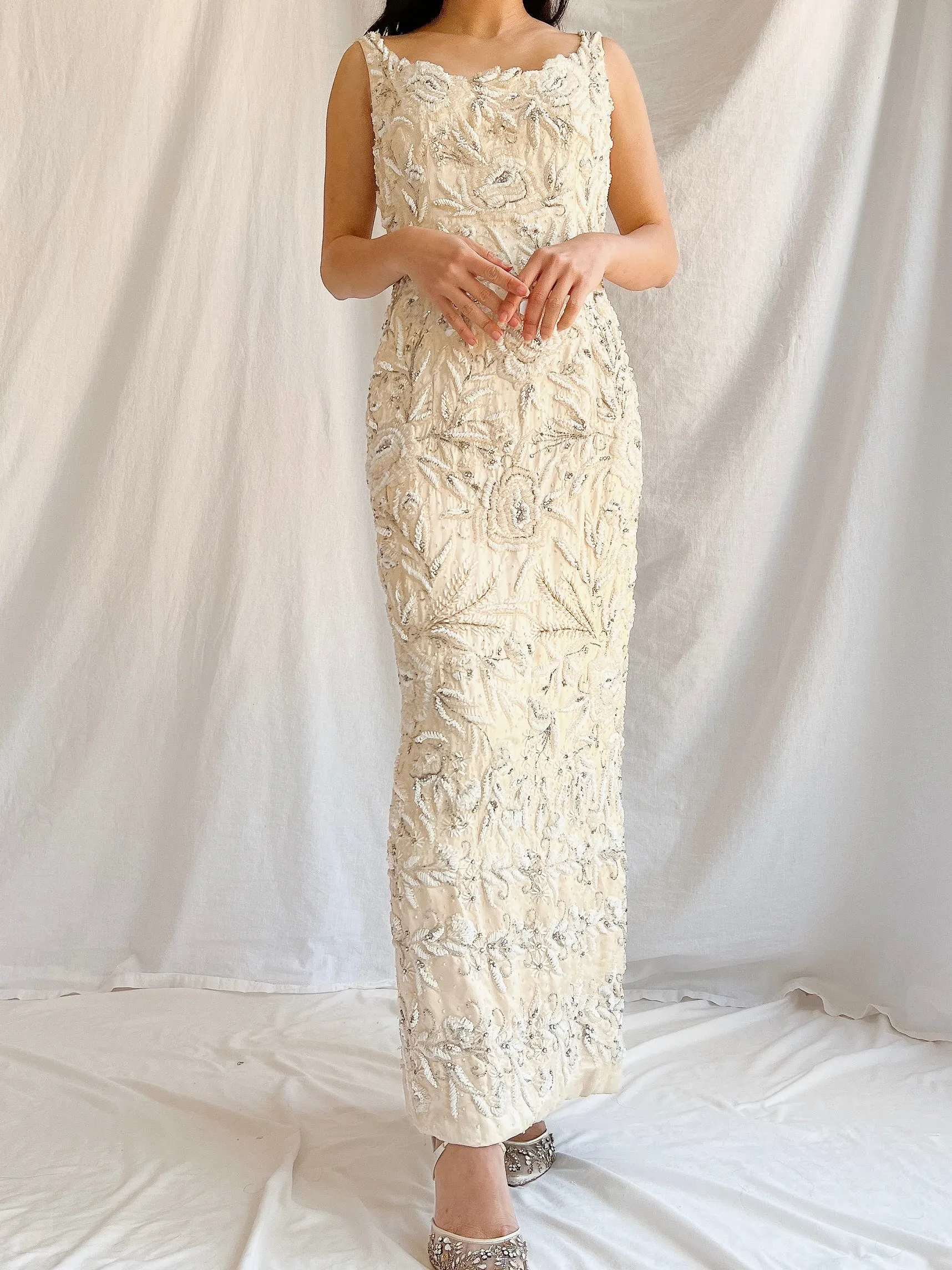 1960s Hand Beaded Ivory Dress - S/M