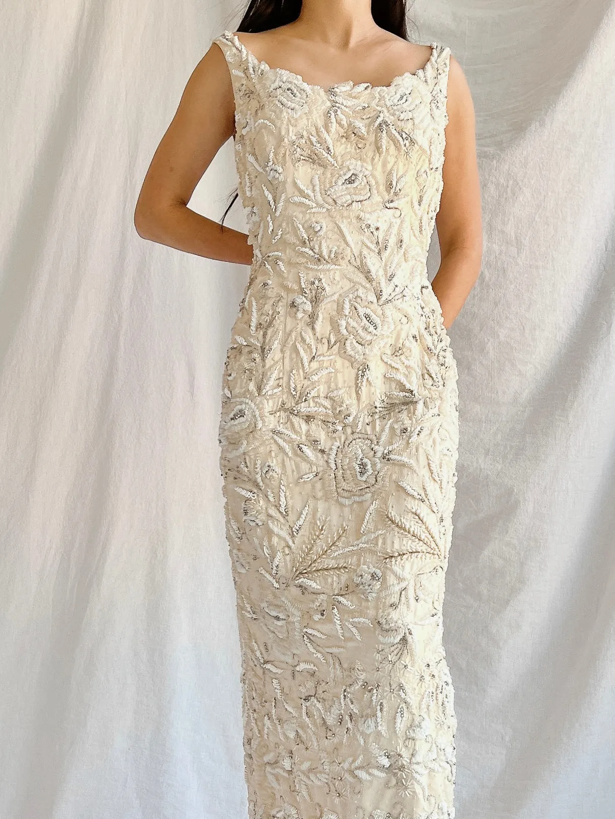 1960s Hand Beaded Ivory Dress - S/M